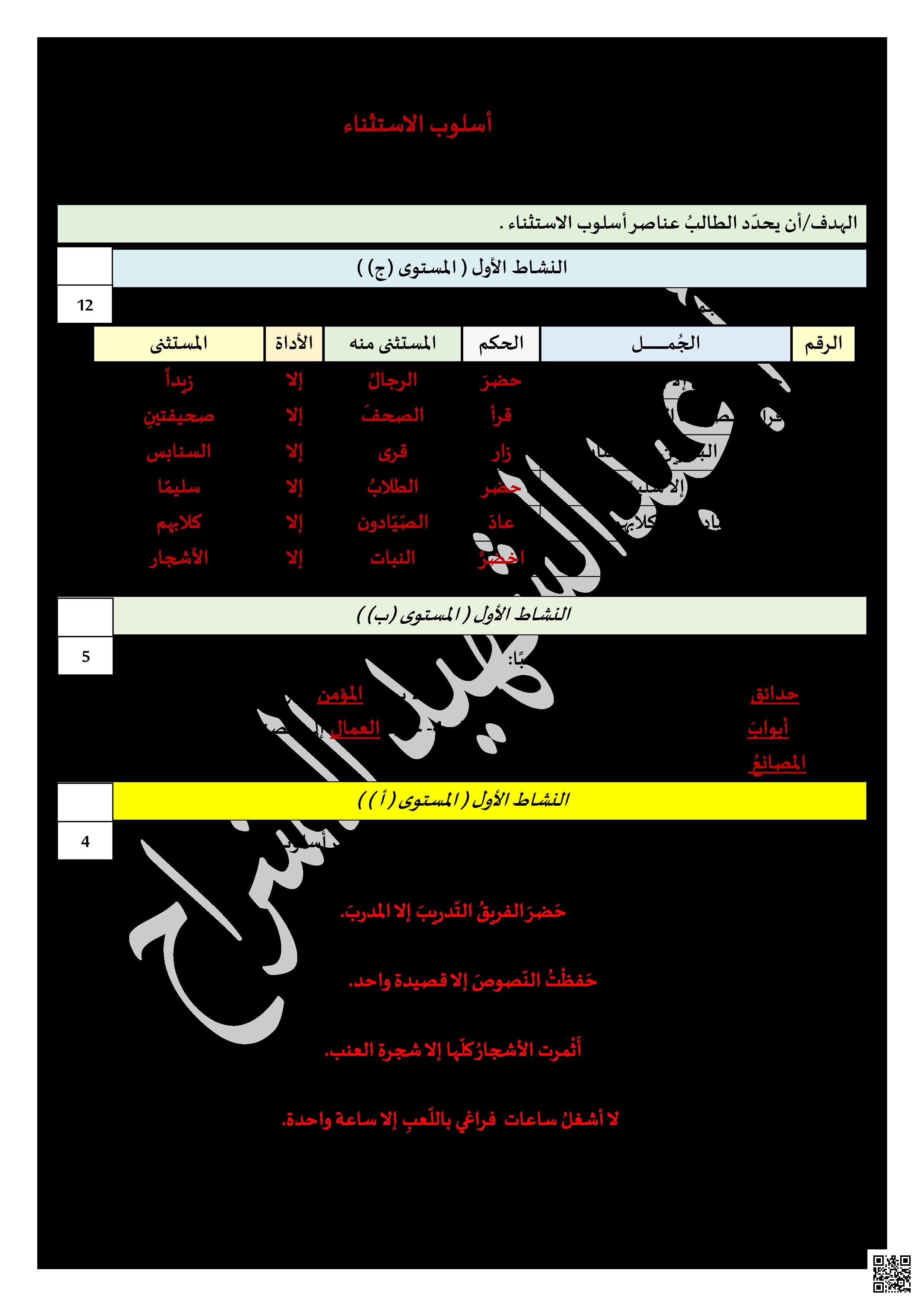 ورقة عمل أسلوب الاستثناء - لغة عربية - الصف الصف التاسع - الفصل الفصل الثاني