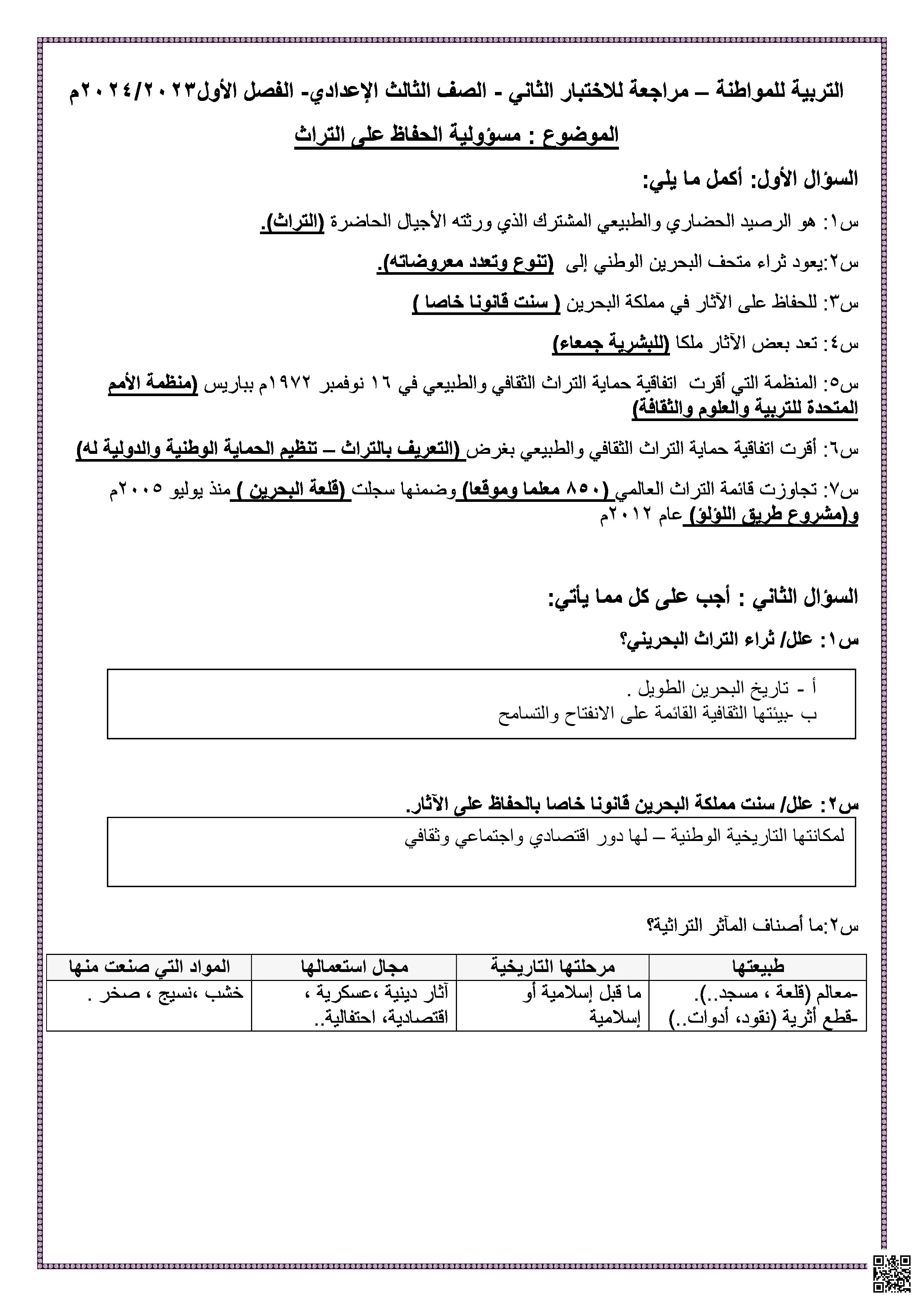 مراجعة الاختبار الثاني التربية للمواطنة - تربية للمواطنة - الصف الصف التاسع - الفصل الفصل الثاني