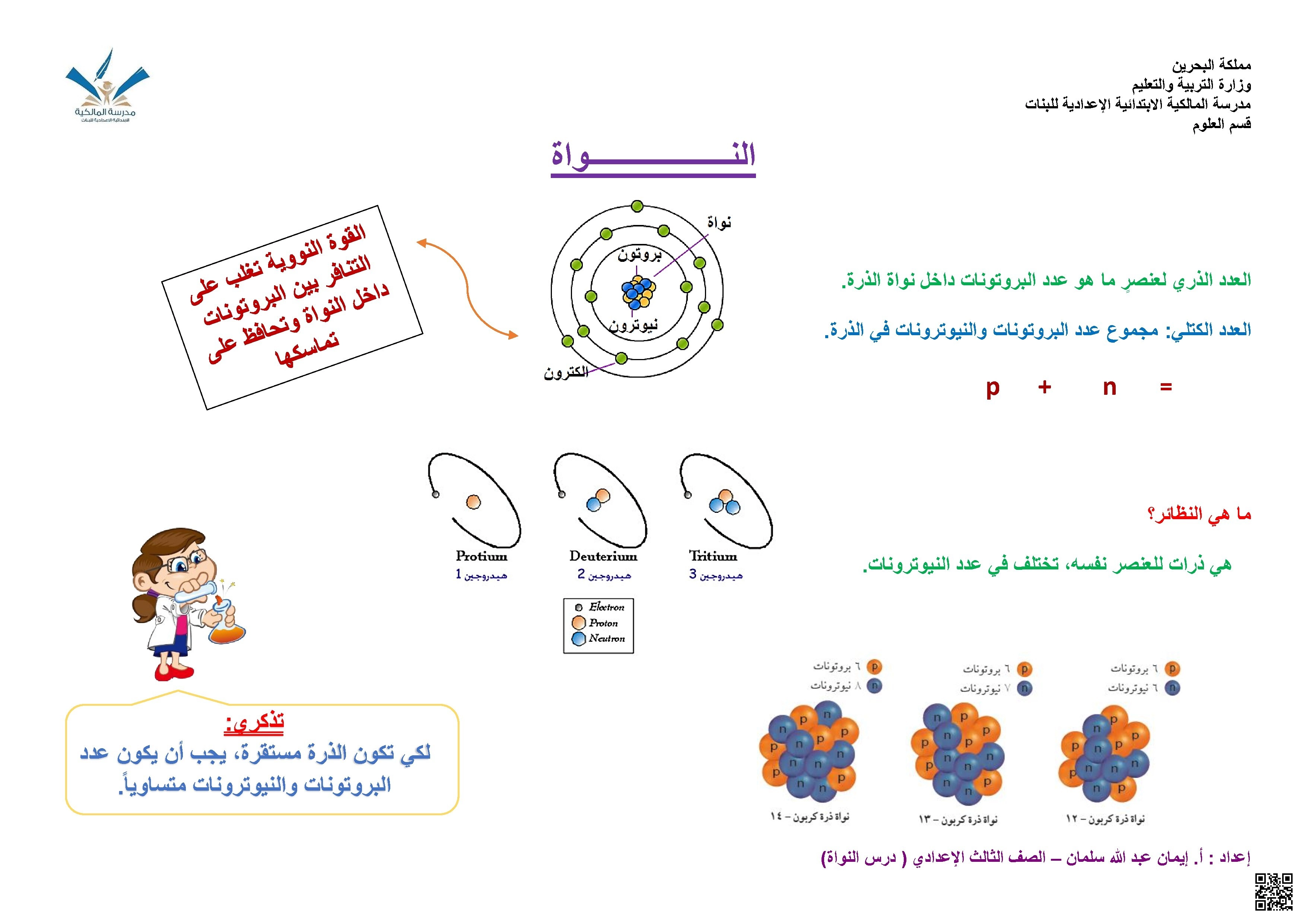 ملخص درس النواة - علوم - الصف الصف التاسع - الفصل الفصل الأول