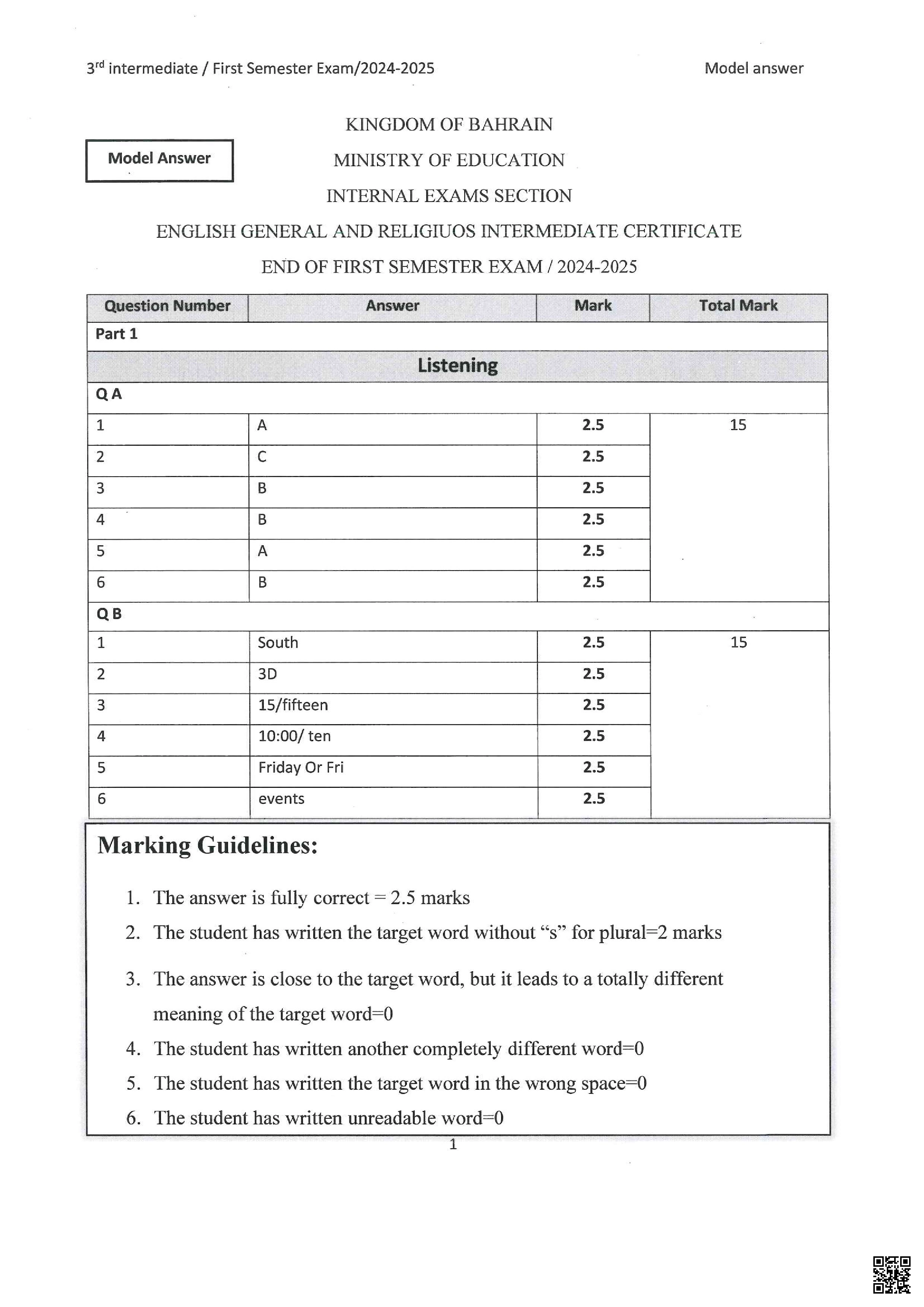نموذج الإجابة لامتحان الشهادة الإعدادية العامّة و الدينية - لغة انجليزية - الصف الصف التاسع - الفصل الفصل الأول