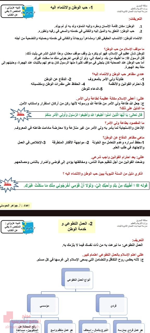ملخص شامل لدرس حب الوطن والانتماء إليه العمل التطوعي التسامح والتعايش ودروس التلاوة وغيرها