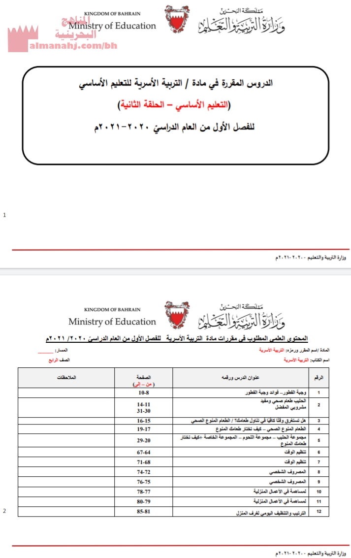 الدروس المقررة في مادة التربية الأسرية للتعليم الأساسي الحلقة الثانية ملفات مدرسية منوعة الفصل الأول المناهج البحرينية