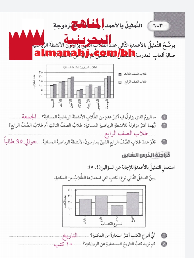 حل تمرين التمثيل بالاعمدة والأعمدة المزدوجة, الصف الرابع, رياضيات, الفصل  الأول - المناهج البحرينية