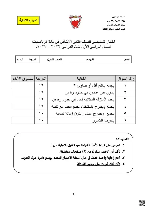 اختبار تشخيصي في مادة الرياضيات