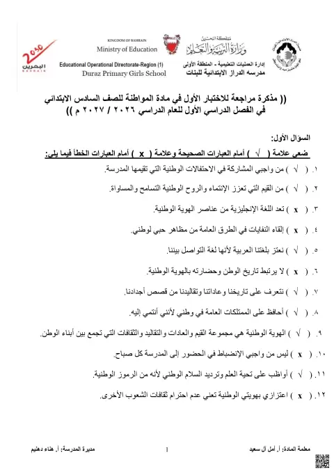 مذكرة مراجعة الاختبار الأول في المواطنة