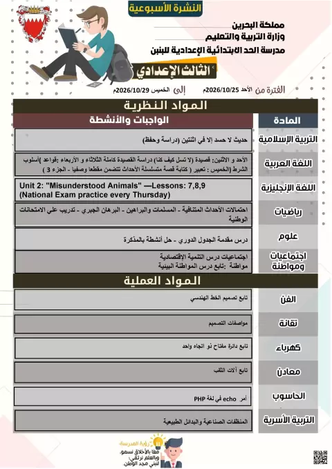النشرة الأسبوعية للمواد الدراسية والأنشطة