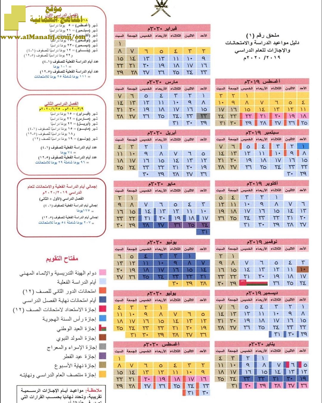 تحميل دليل مواعيد الدراسة والامتحانات والاجازات سلطنة عمان 2019 2020 أخبار الدوام الفصل الأول المناهج العمانية