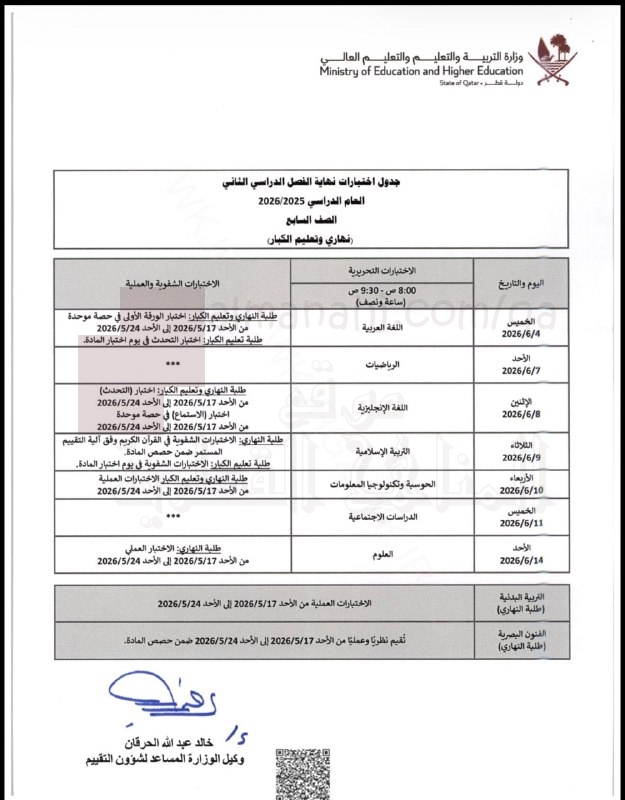 جدول اختبارات نهاية الفصل الثاني (نهاري وتعليم الكبار)