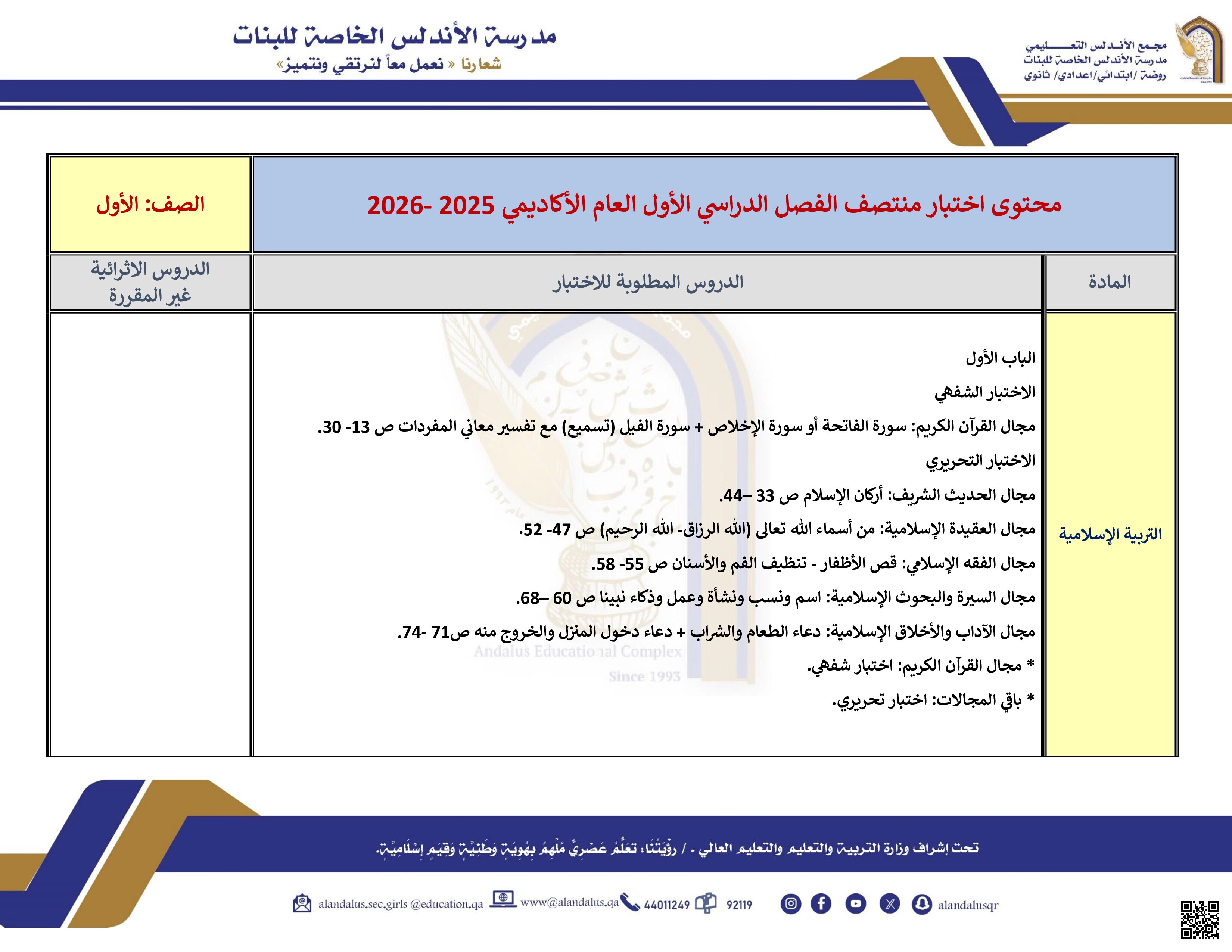 محتوى اختبار منتصف الفصل - الامتحانات - الصف المستوى الأول - الفصل الفصل الأول