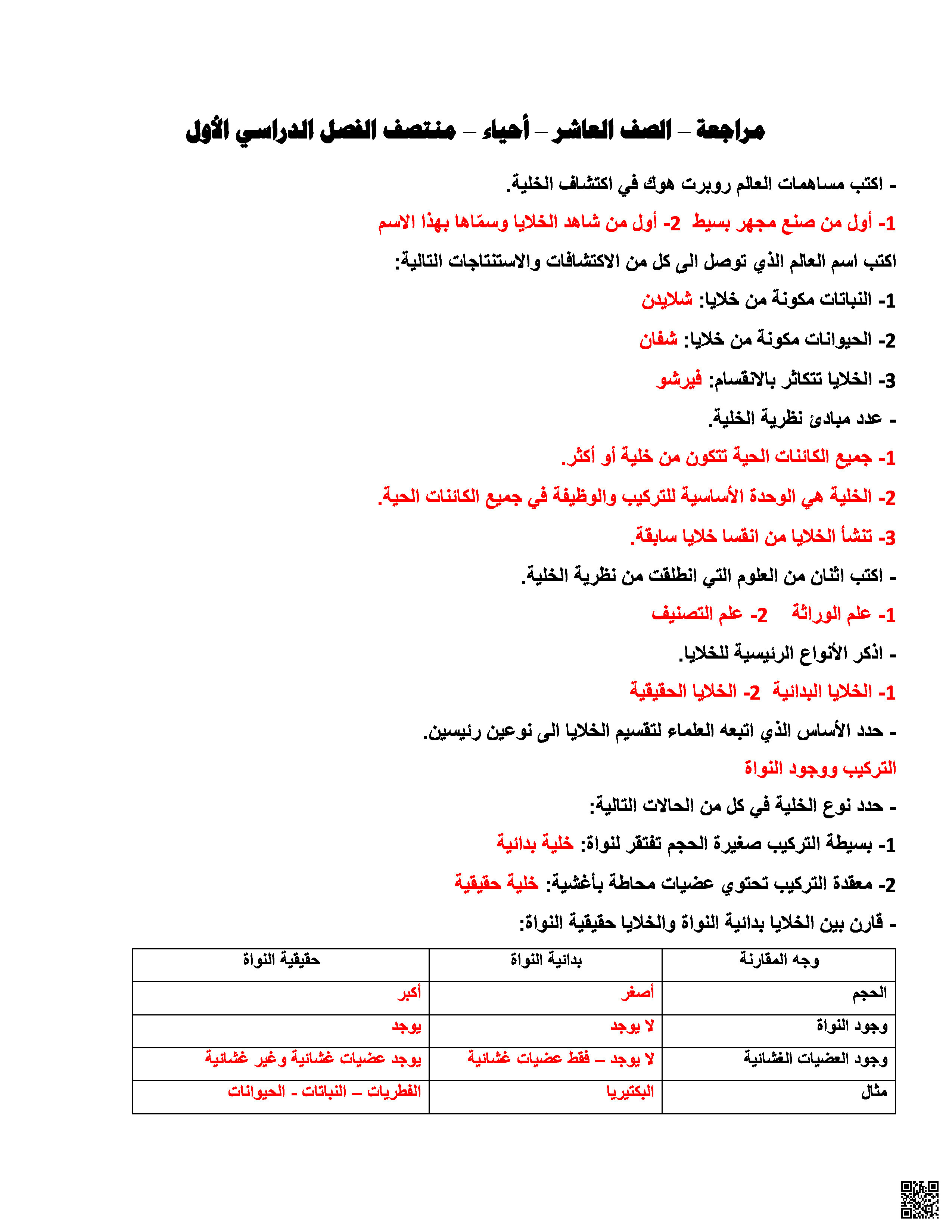 مراجعة مجابة لاختبار منتصف الفصل - علوم - الصف المستوى العاشر - الفصل الفصل الأول