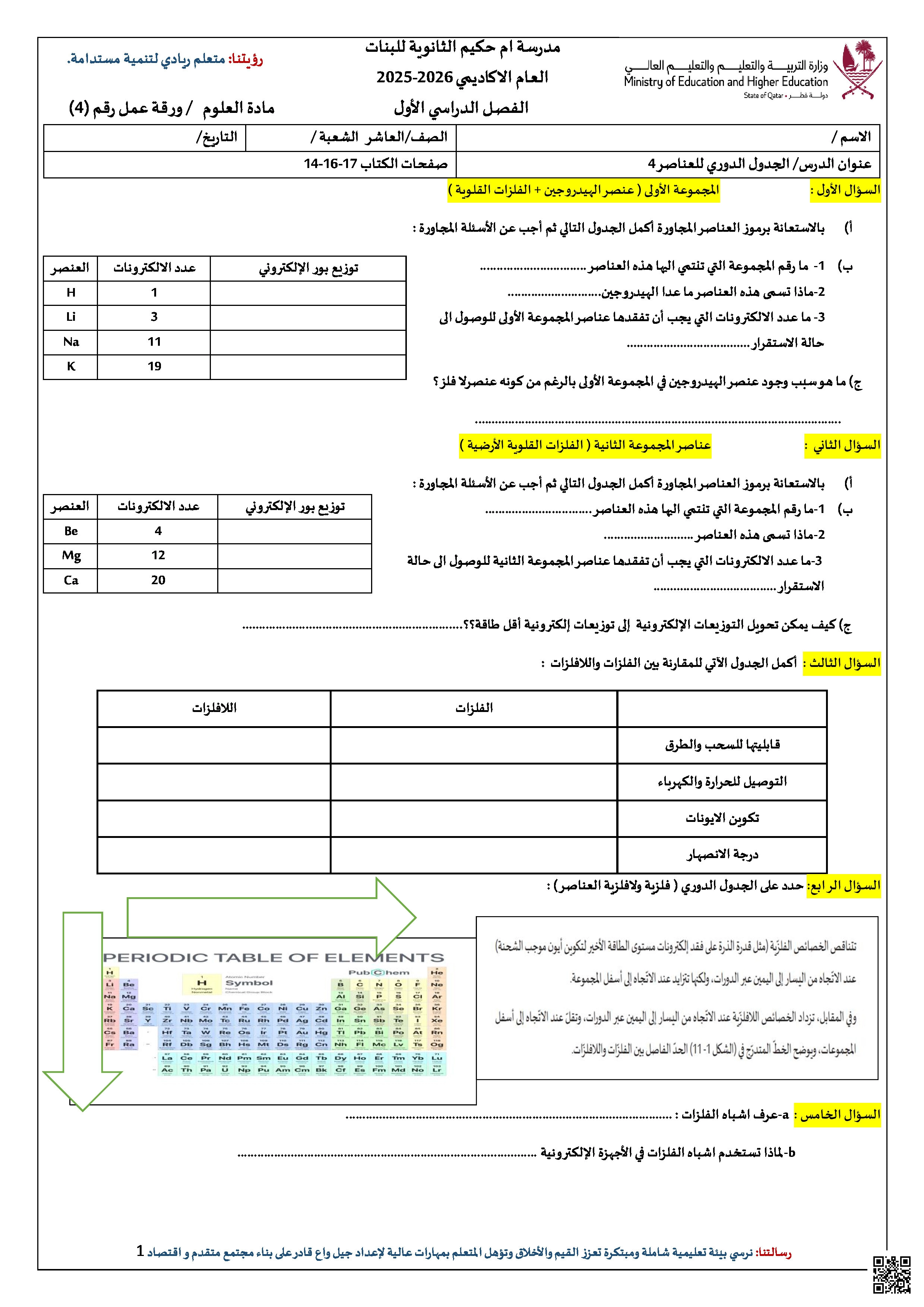 ورقة عمل في الجدول الدوري للعناصر - علوم - الصف المستوى العاشر - الفصل الفصل الأول
