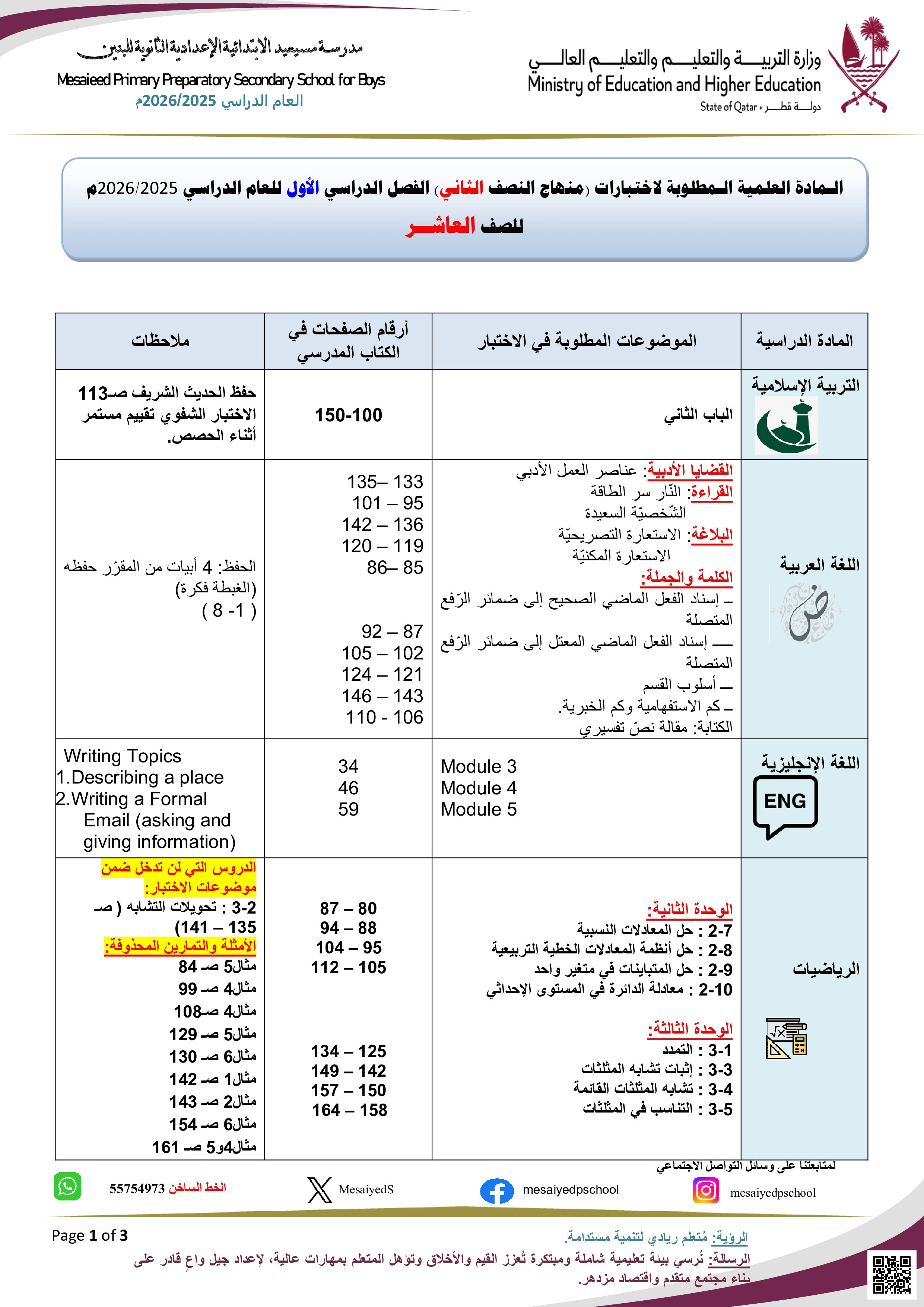 المحتوى المطلوب دراسته لاختبار نهاية الفصل - الامتحانات - الصف المستوى العاشر - الفصل الفصل الأول