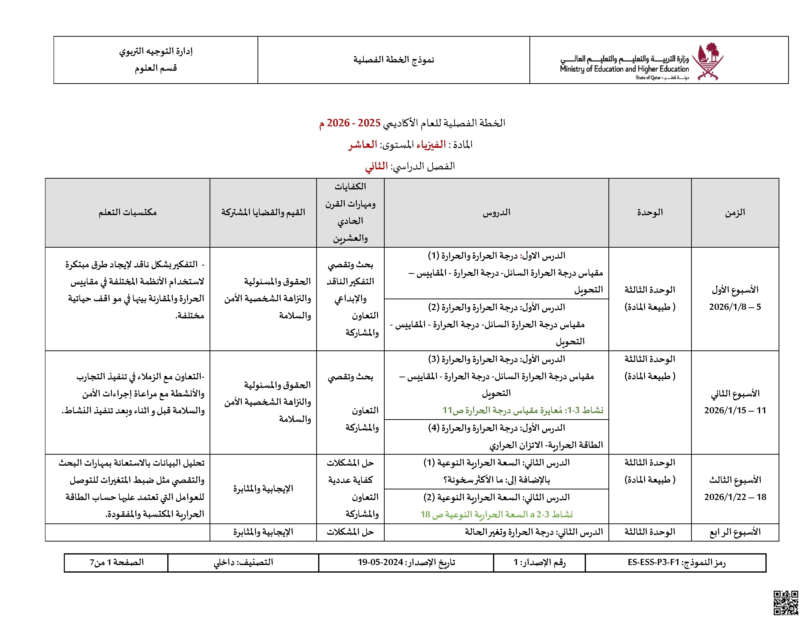 الخطة الفصلية وتوصيف الدروس المقرر تدريسها - فيزياء - الصف الصف العاشر - الفصل الفصل الثاني
