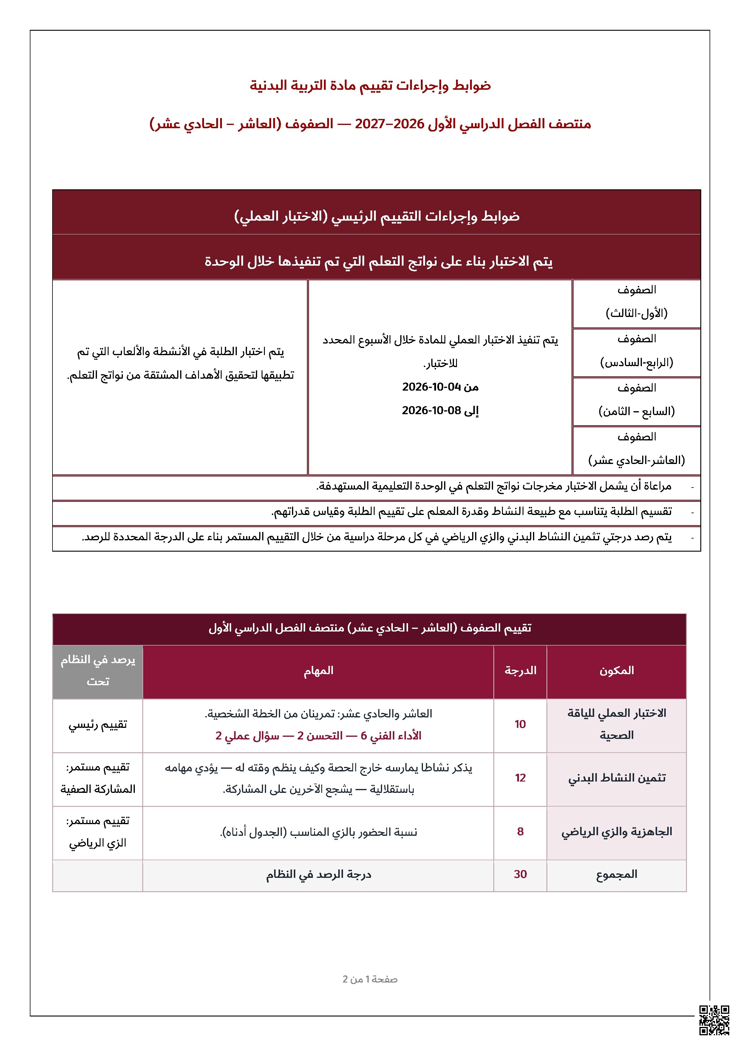 ضوابط وإجراءات تقييم اختبار منتصف الفصل الأول