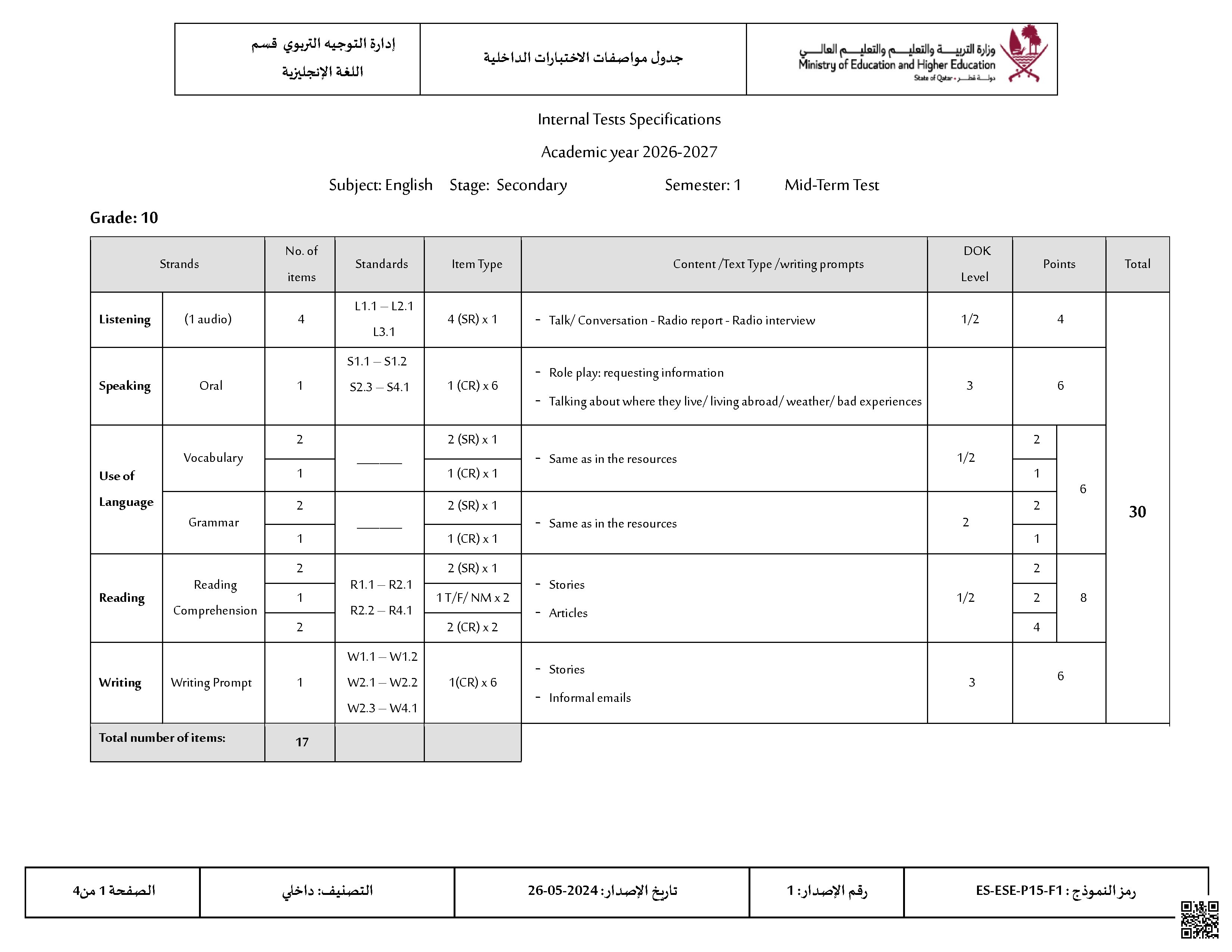 جدول مواصفات الاختبارات الداخلية