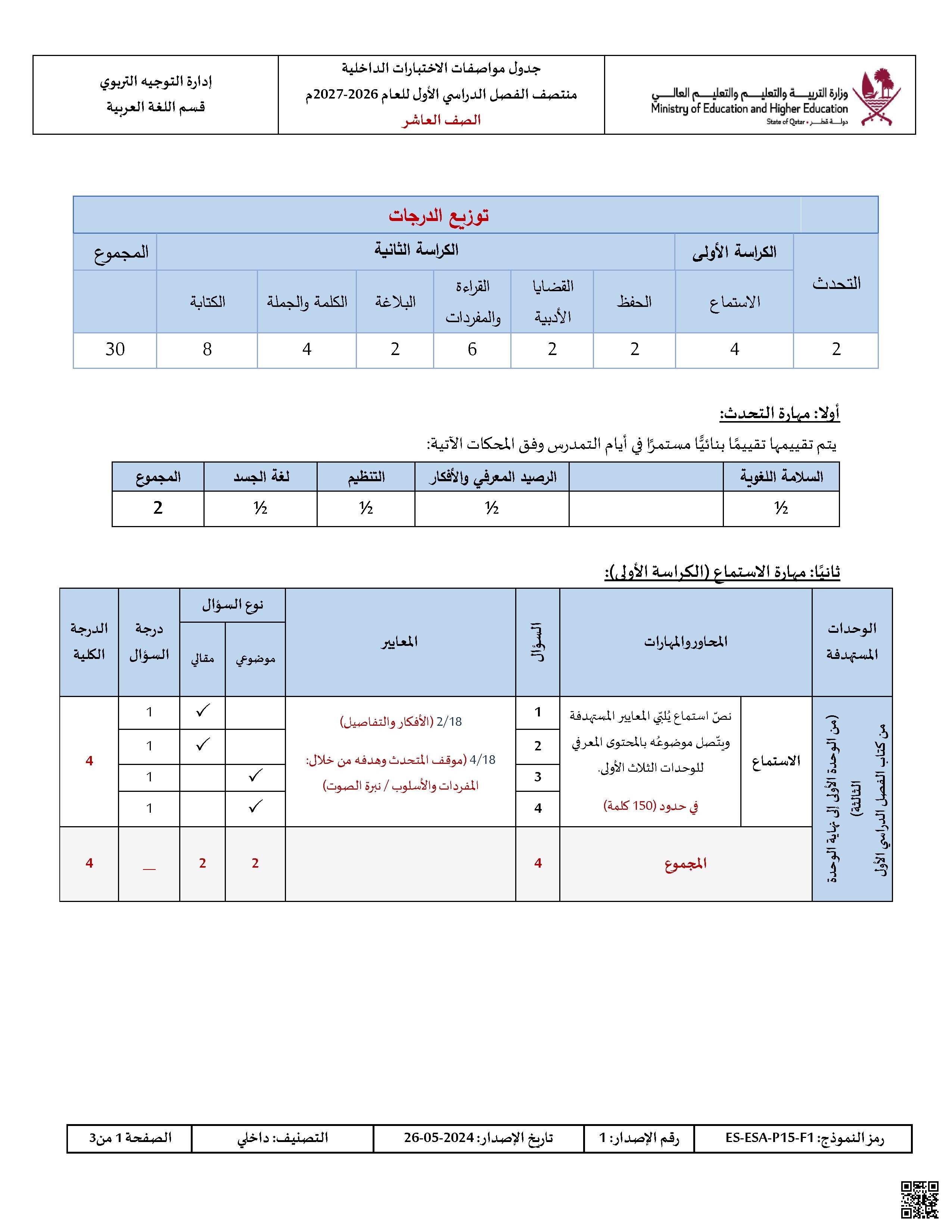 جدول مواصفات الاختبارات الداخلية لمنتصف الفصل الدراسي الأول