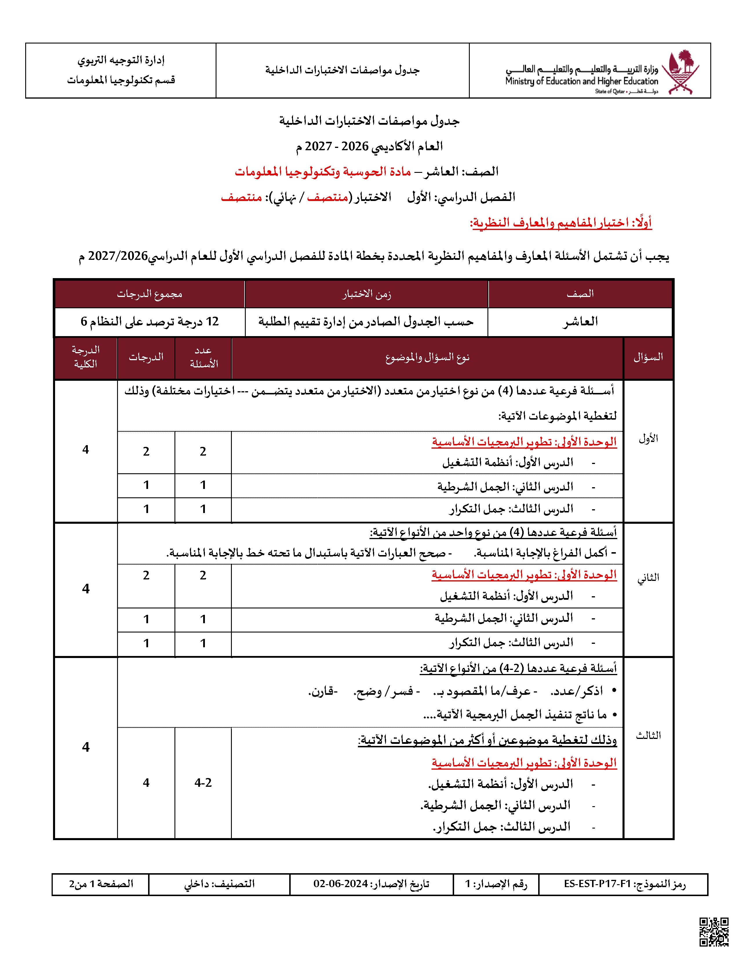 جدول مواصفات الاختبارات الداخلية