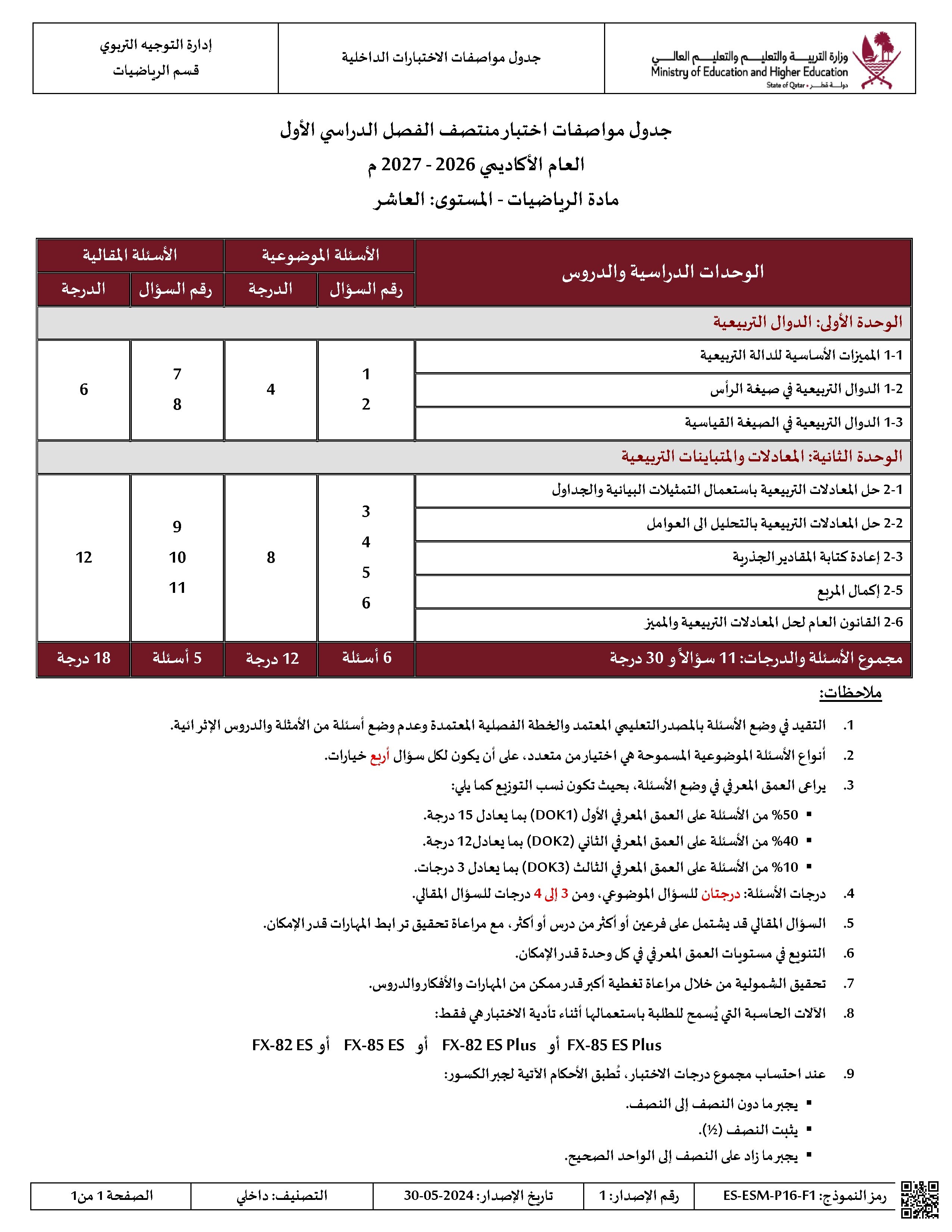 جدول مواصفات اختبار منتصف الفصل الدراسي الأول