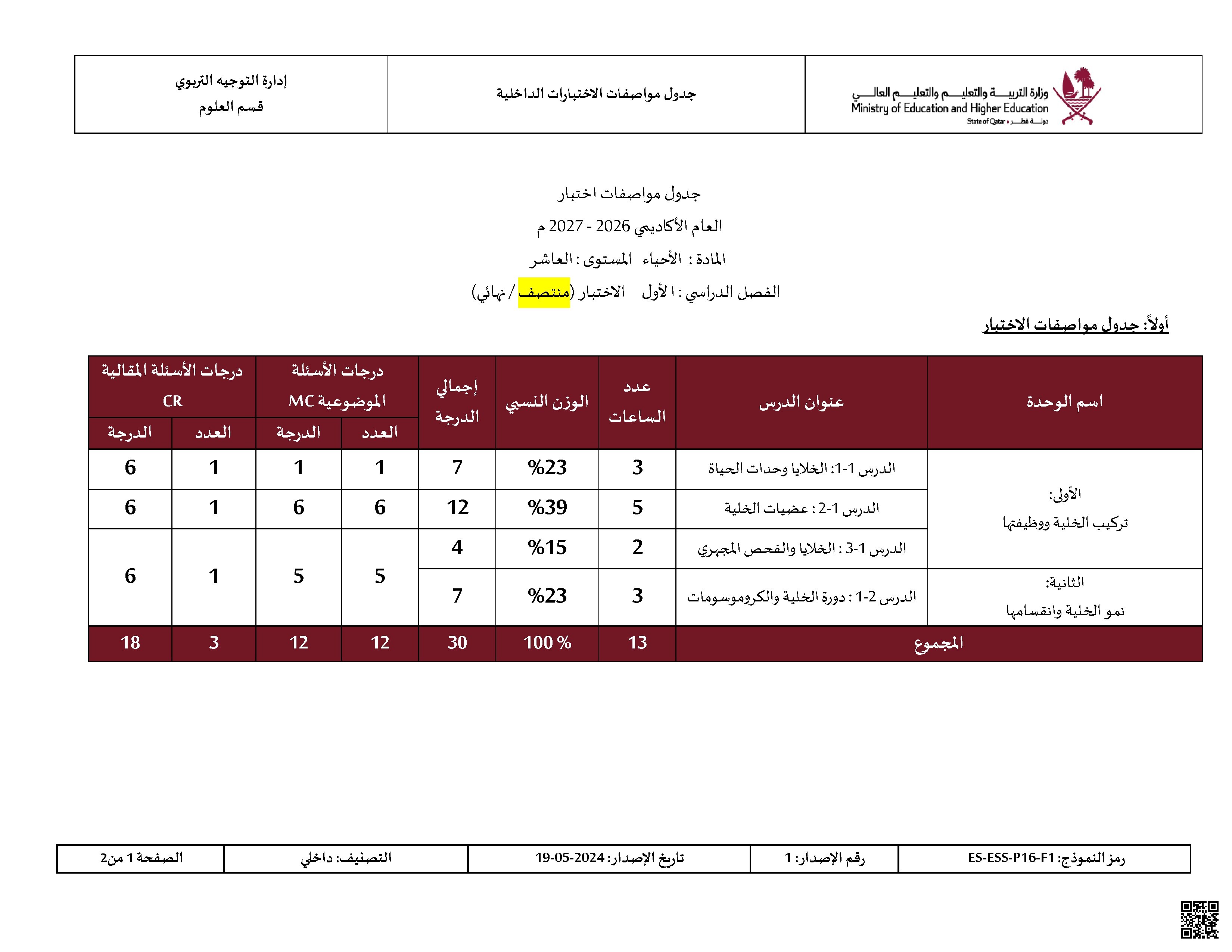 جدول مواصفات اختبار الأحياء