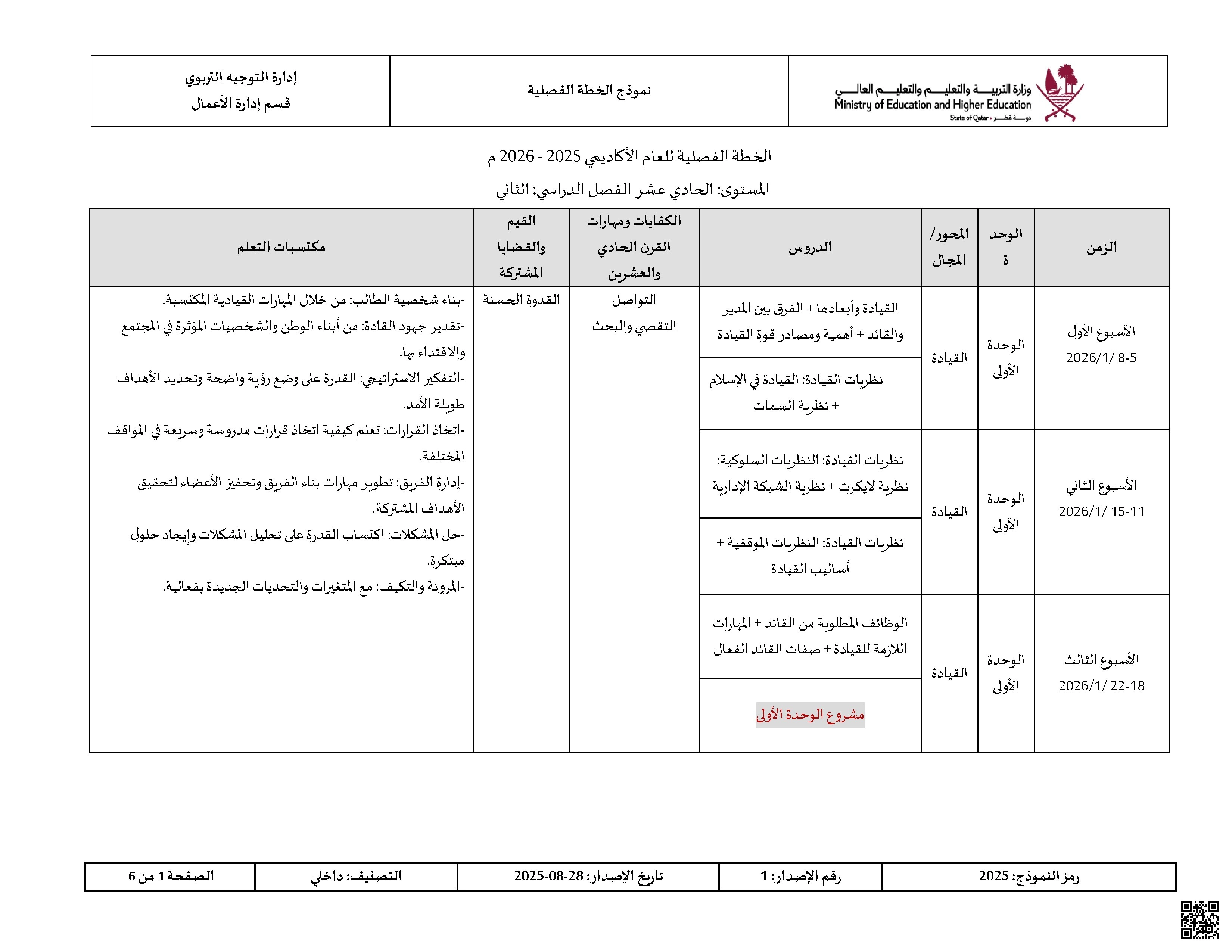 الخطة الفصلية المعدلة للفصل الثاني - إدارة أعمال - الصف الصف الحادي عشر - الفصل الفصل الثاني
