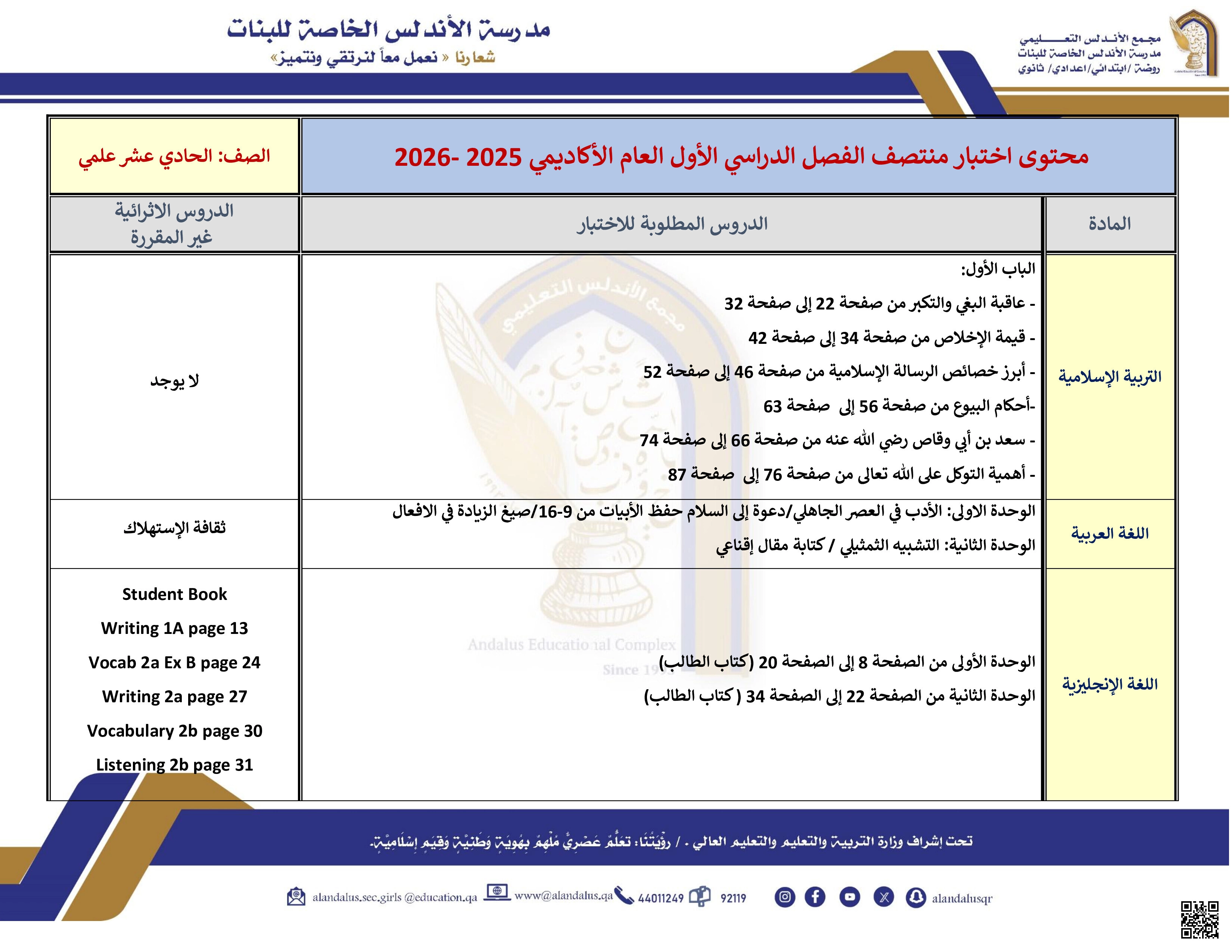 محتوى اختبار منتصف الفصل - الامتحانات - الصف المستوى الحادي عشر العلمي - الفصل الفصل الأول