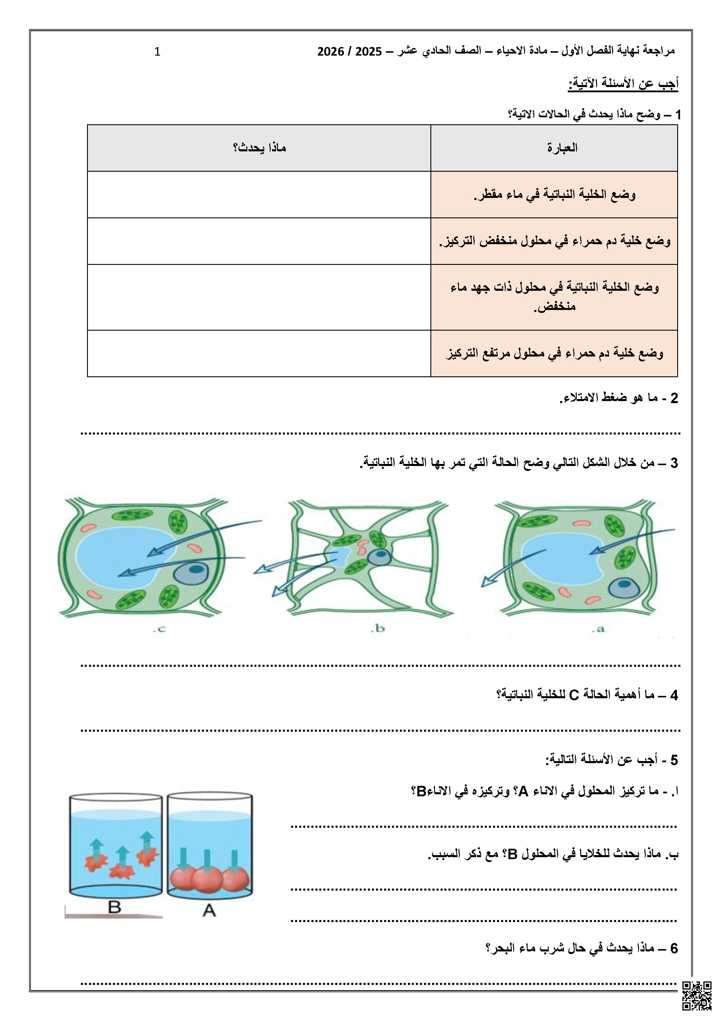أوراق عمل مدرسة ابن تيمية نهاية الفصل غير مجابة - علوم - الصف الصف الحادي عشر العلمي - الفصل الفصل الأول