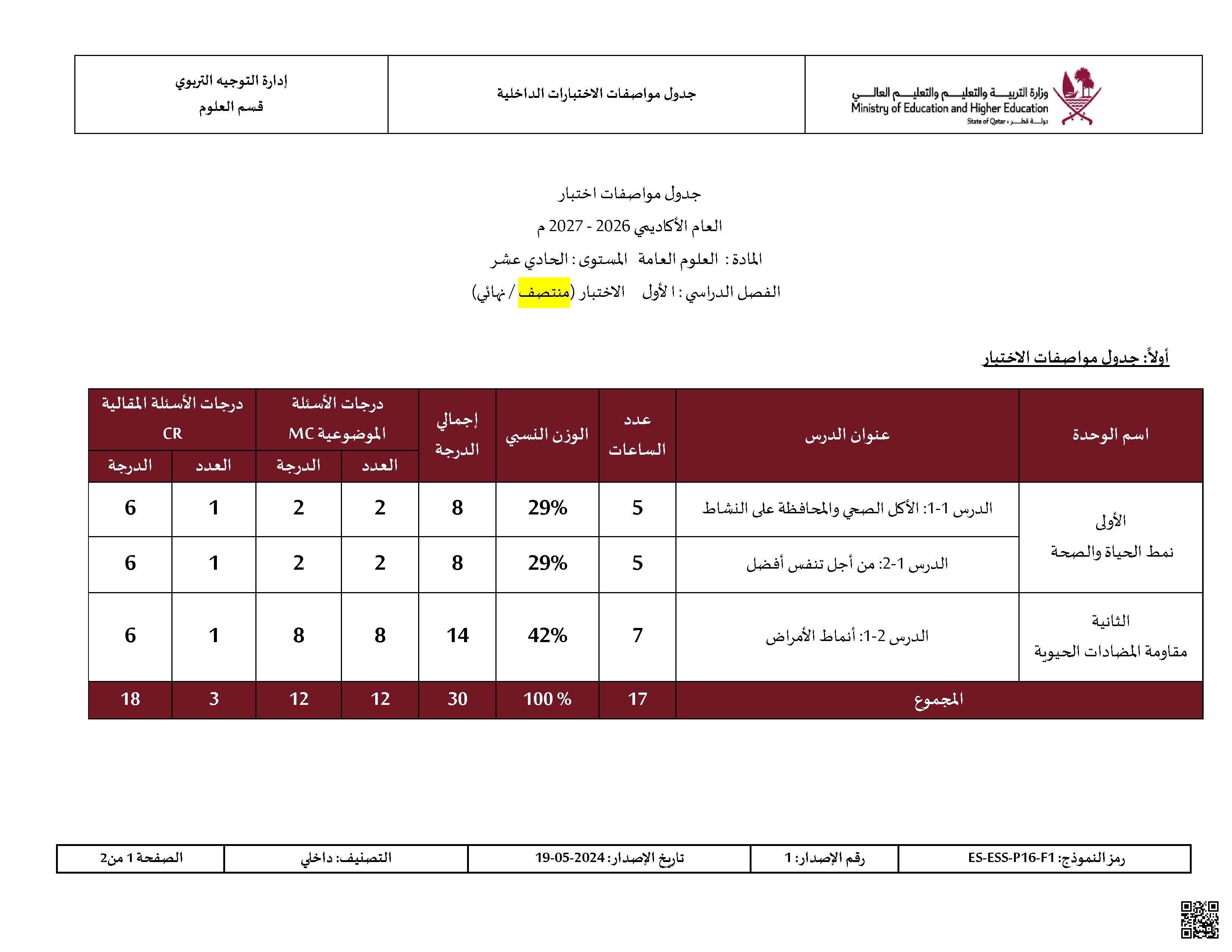 جدول مواصفات اختبار العلوم العامة
