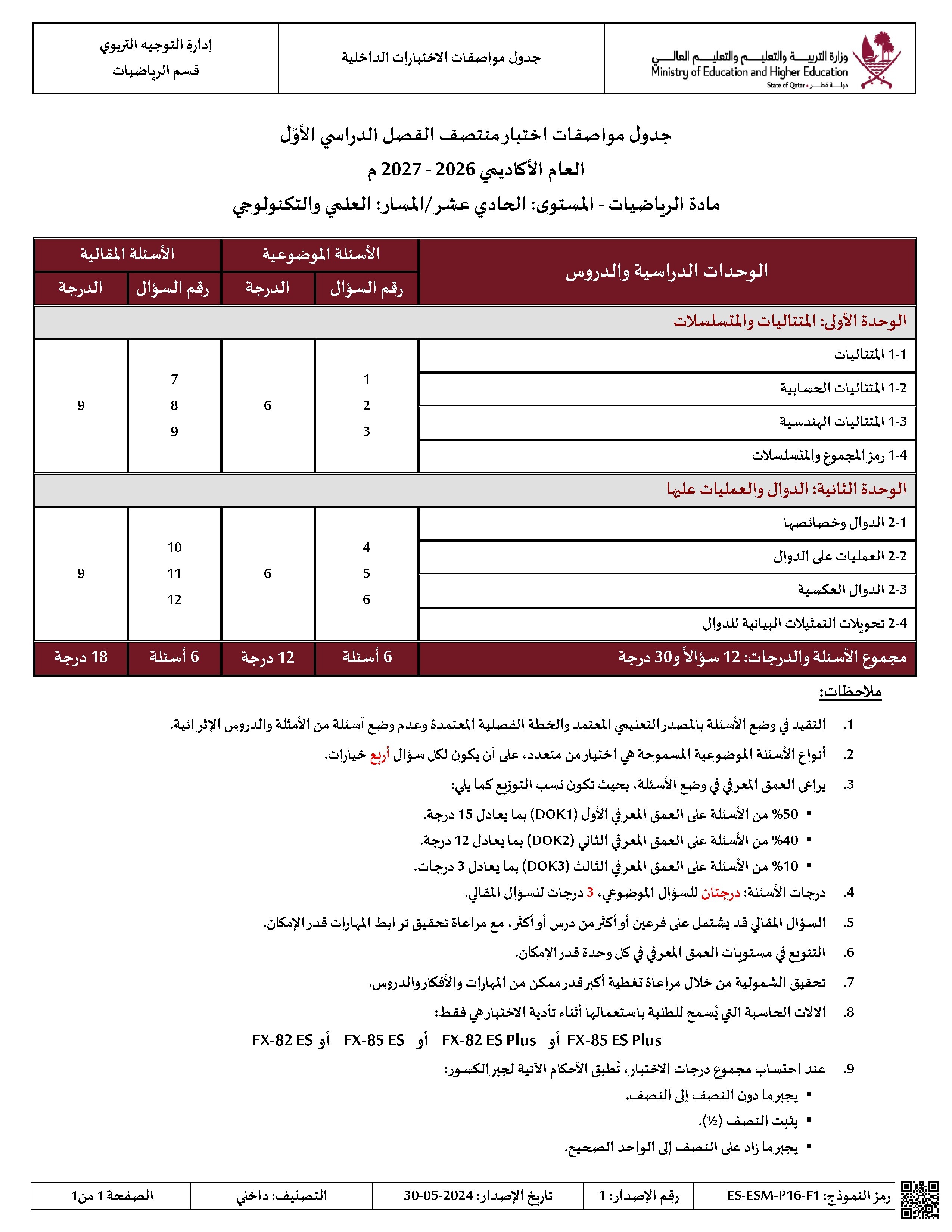 جدول مواصفات اختبار منتصف الفصل الأول (المسار العلمي والتكنولوجي)