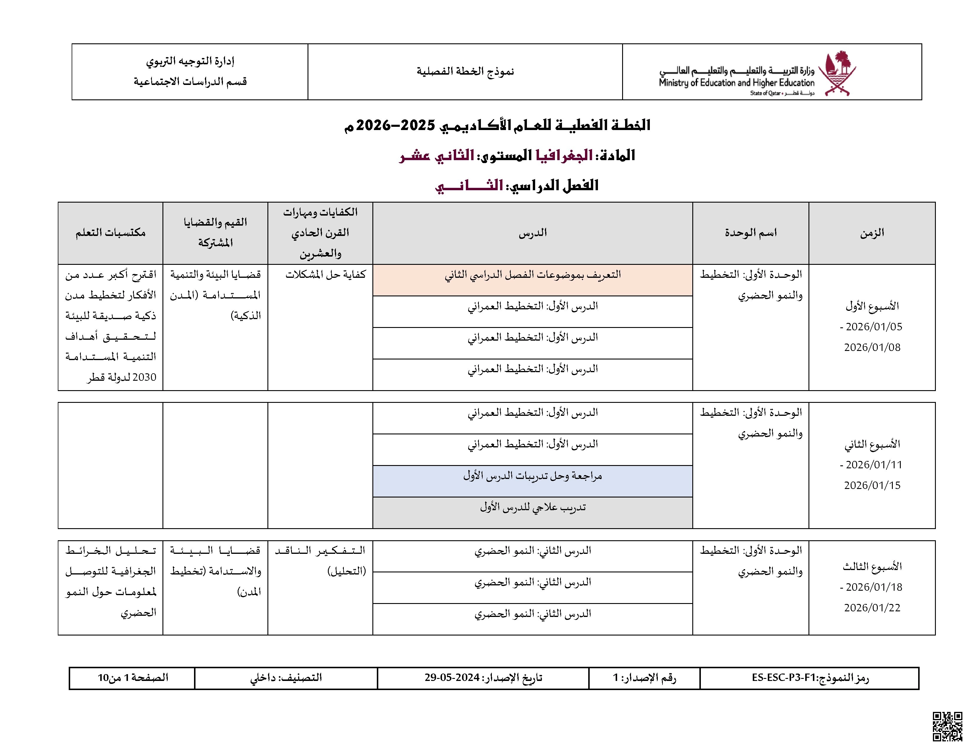 الخطة الفصلية للفصل الثاني - جغرافيا - الصف الصف الثاني عشر الأدبي - الفصل الفصل الأول
