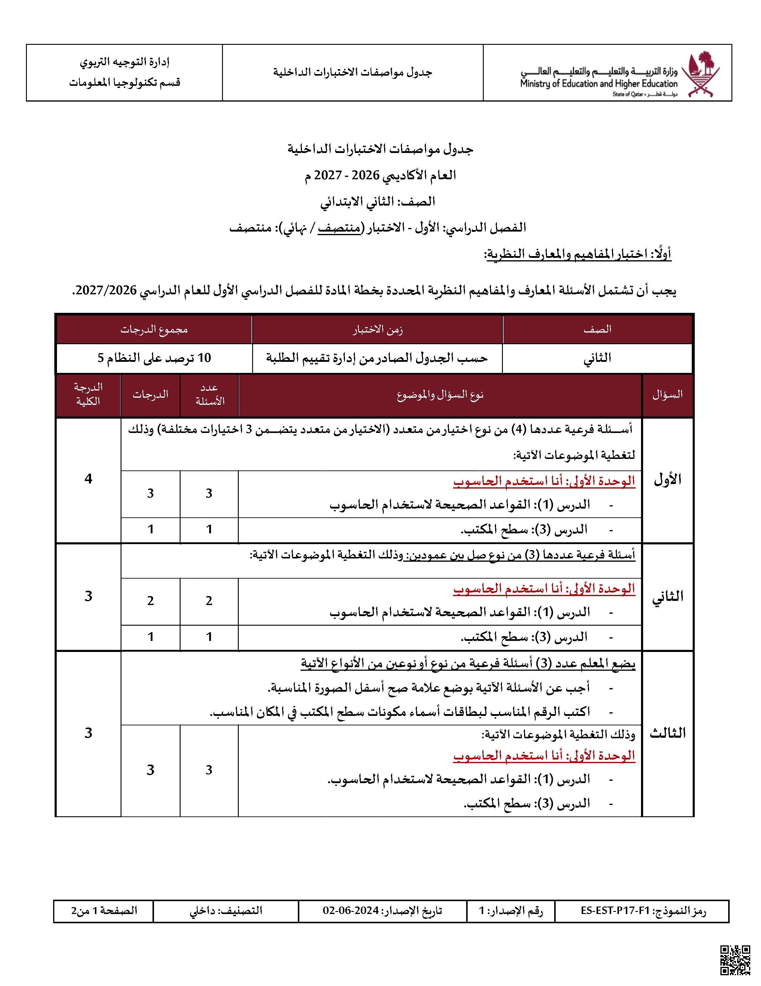 جدول مواصفات الاختبارات الداخلية
