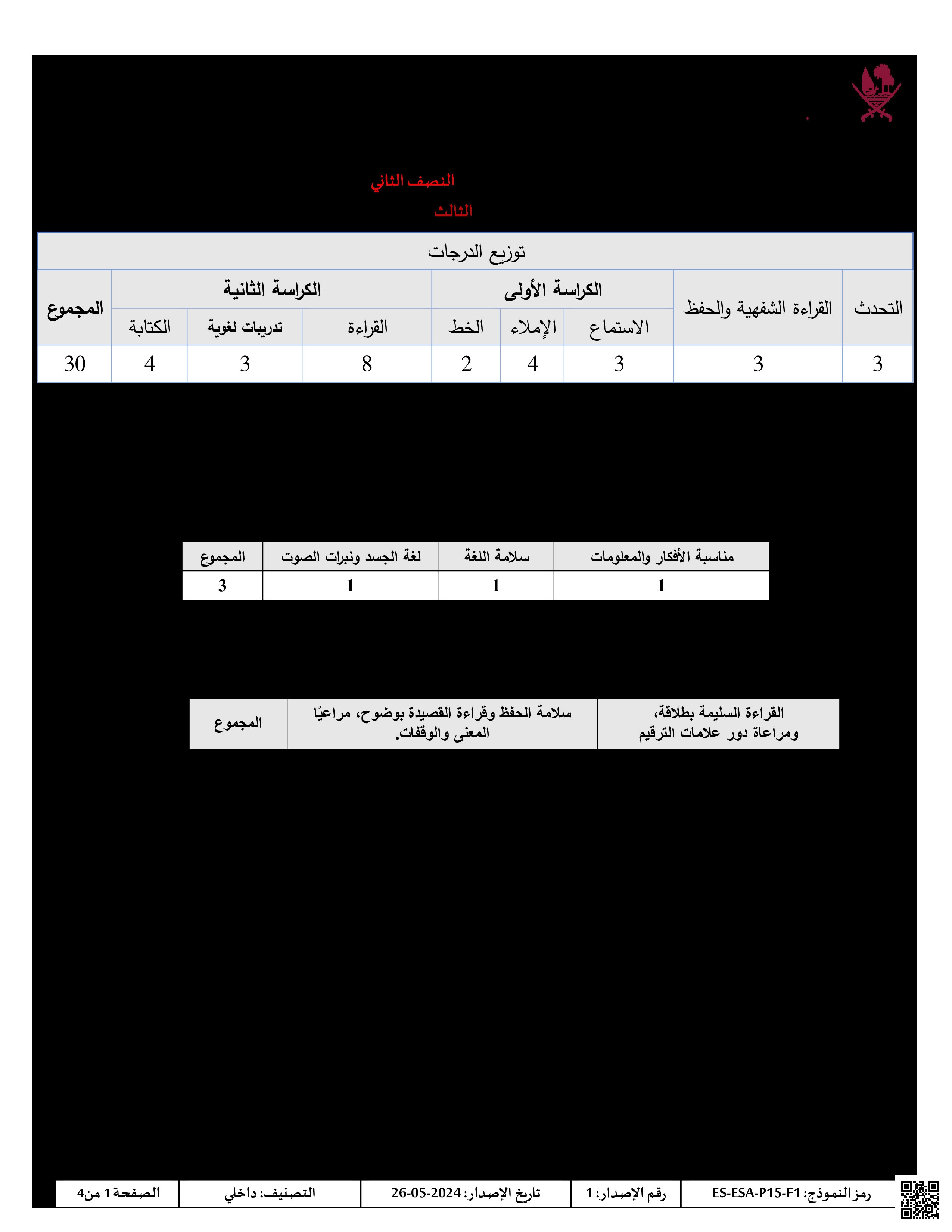 جدول المواصفات لاختبار نهاية الفصل - لغة عربية - الصف المستوى الثالث - الفصل الفصل الأول