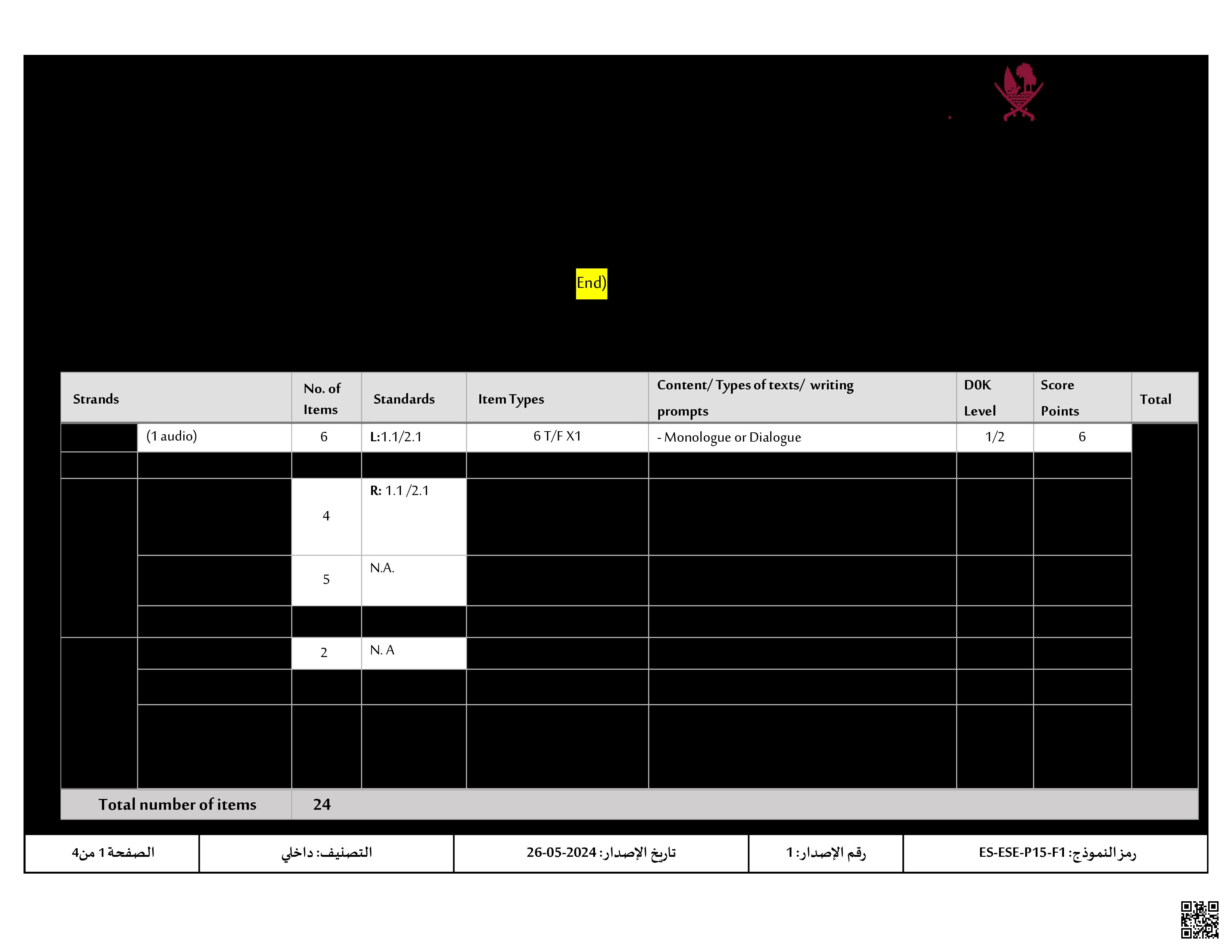 جدول المواصفات لاختبار نهاية الفصل - لغة انجليزية - الصف المستوى الثالث - الفصل الفصل الأول