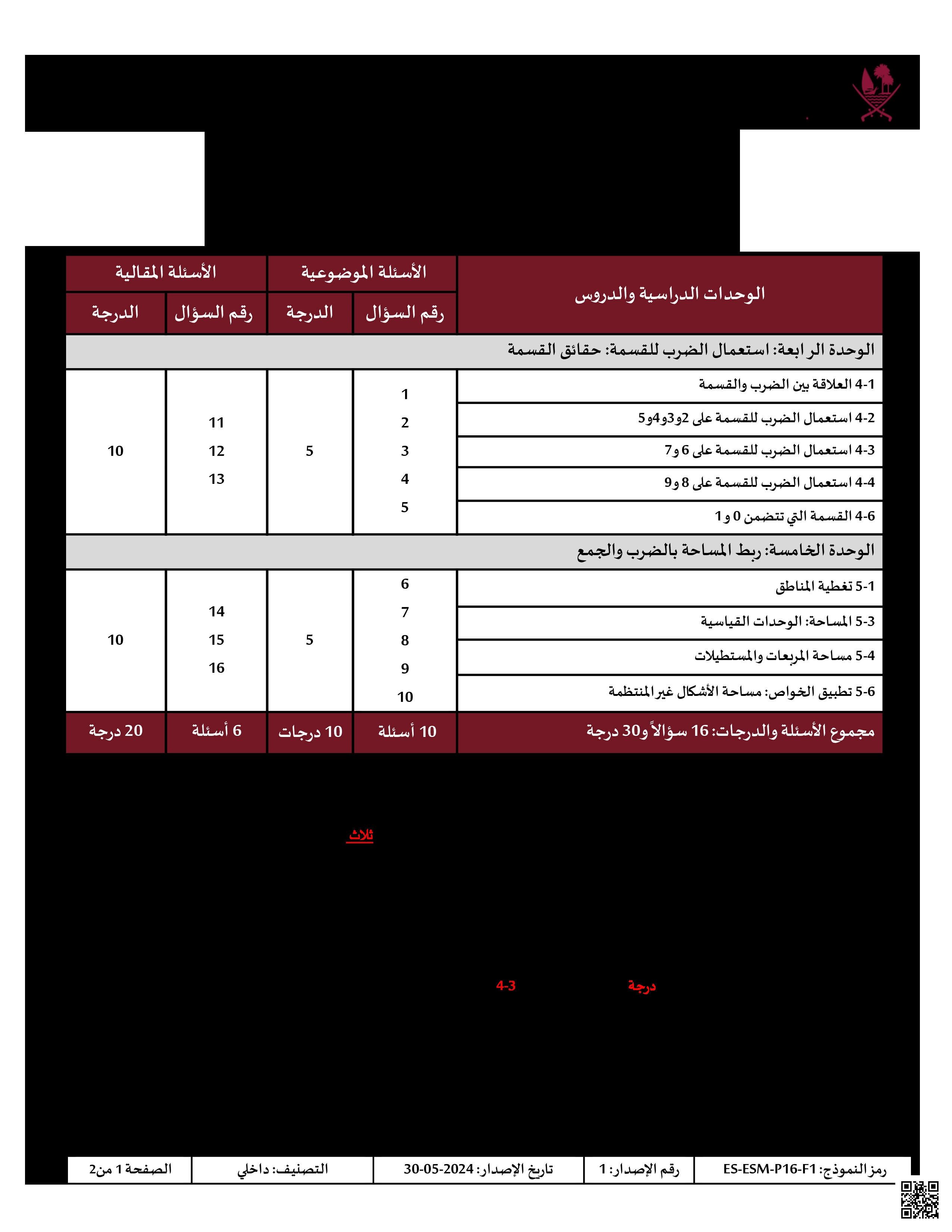 جدول المواصفات لاختبار نهاية الفصل - رياضيات - الصف المستوى الثالث - الفصل الفصل الأول