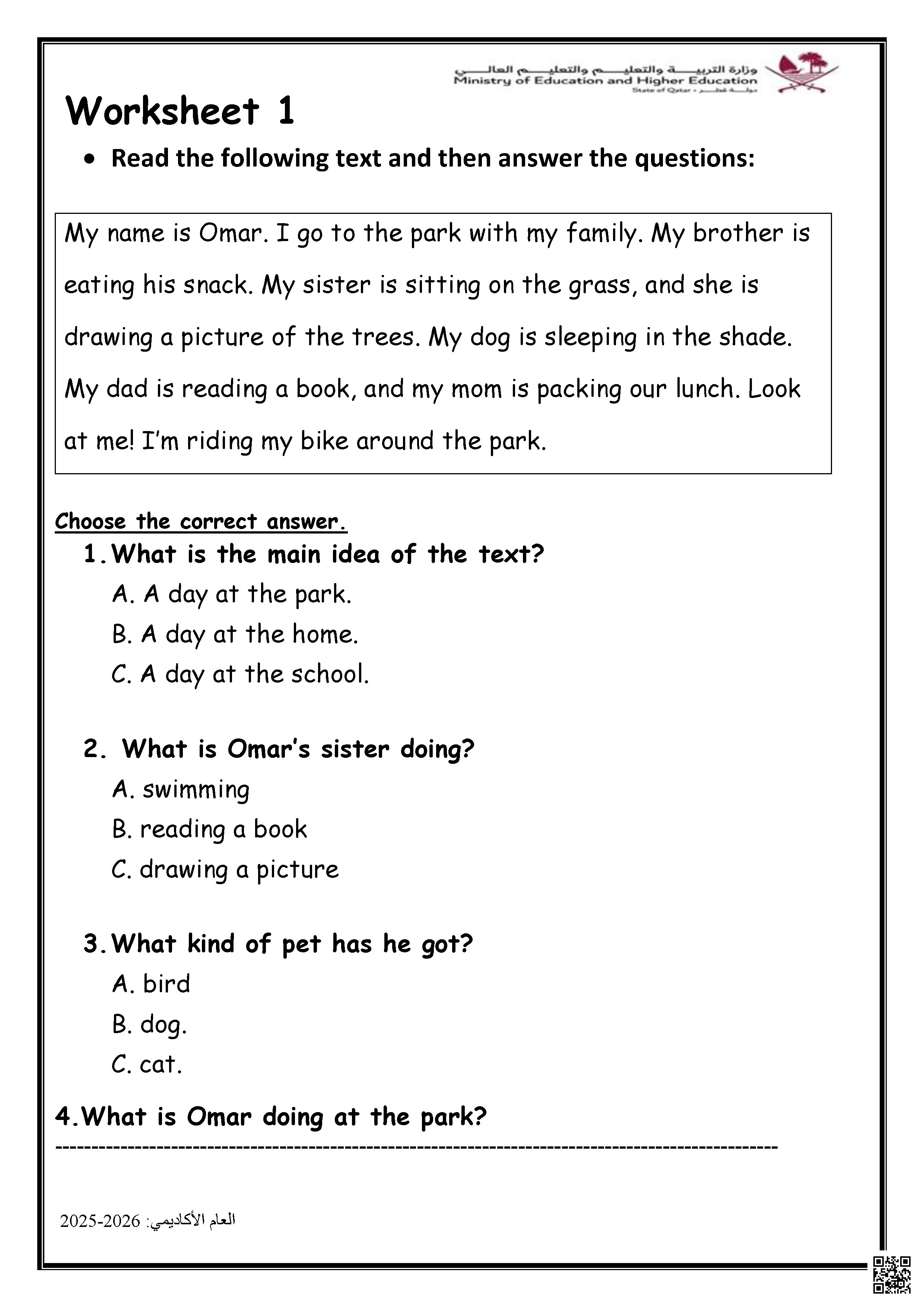 أوراق عمل إثرائية نهاية الفصل غير مجابة - لغة انجليزية - الصف الصف الثالث - الفصل الفصل الأول