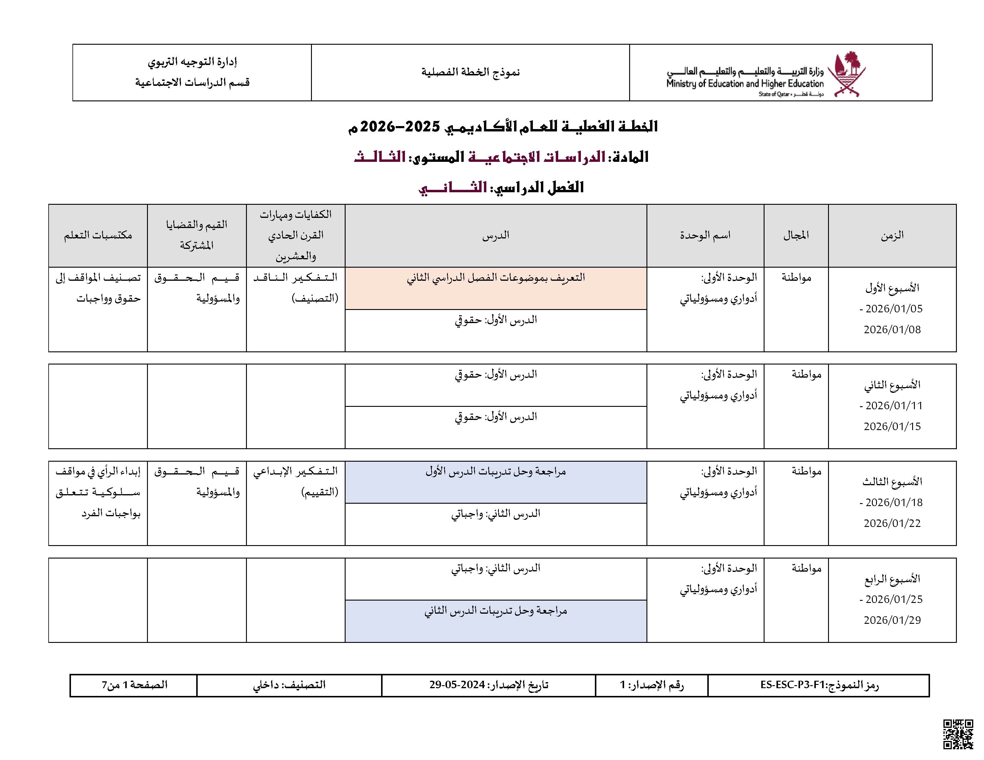 الخطة الفصلية للفصل الثاني - اجتماعيات - الصف الصف الثالث - الفصل الفصل الأول