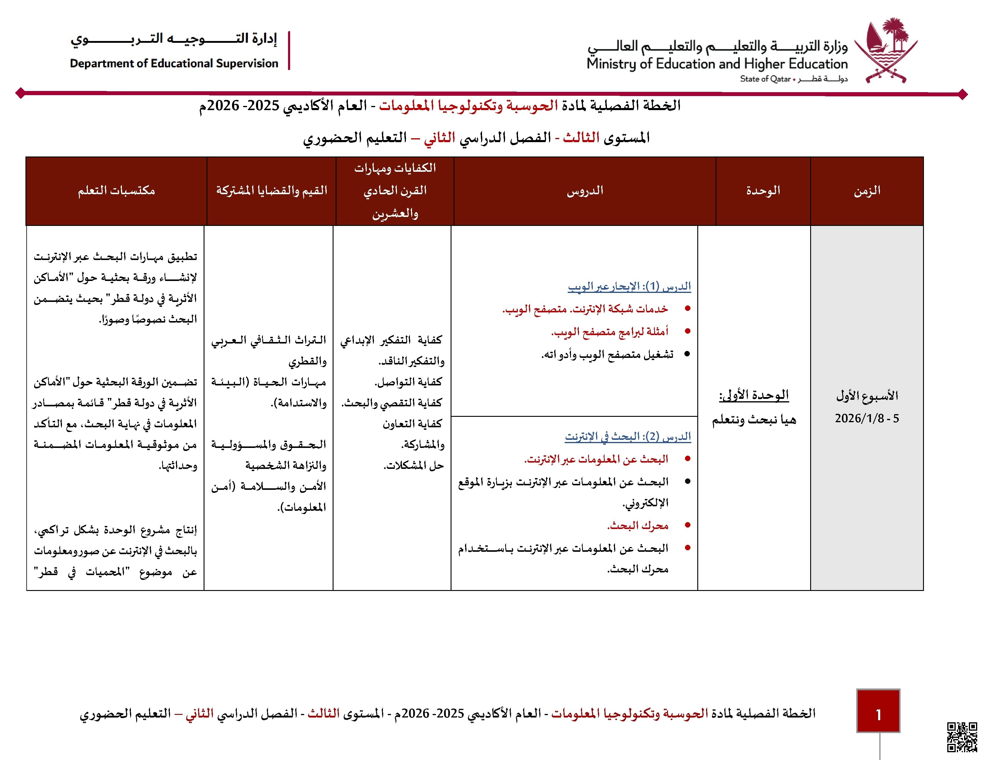 الخطة الفصلية المعدلة للفصل الثاني - علوم الحاسب - الصف الصف الثالث - الفصل الفصل الثاني