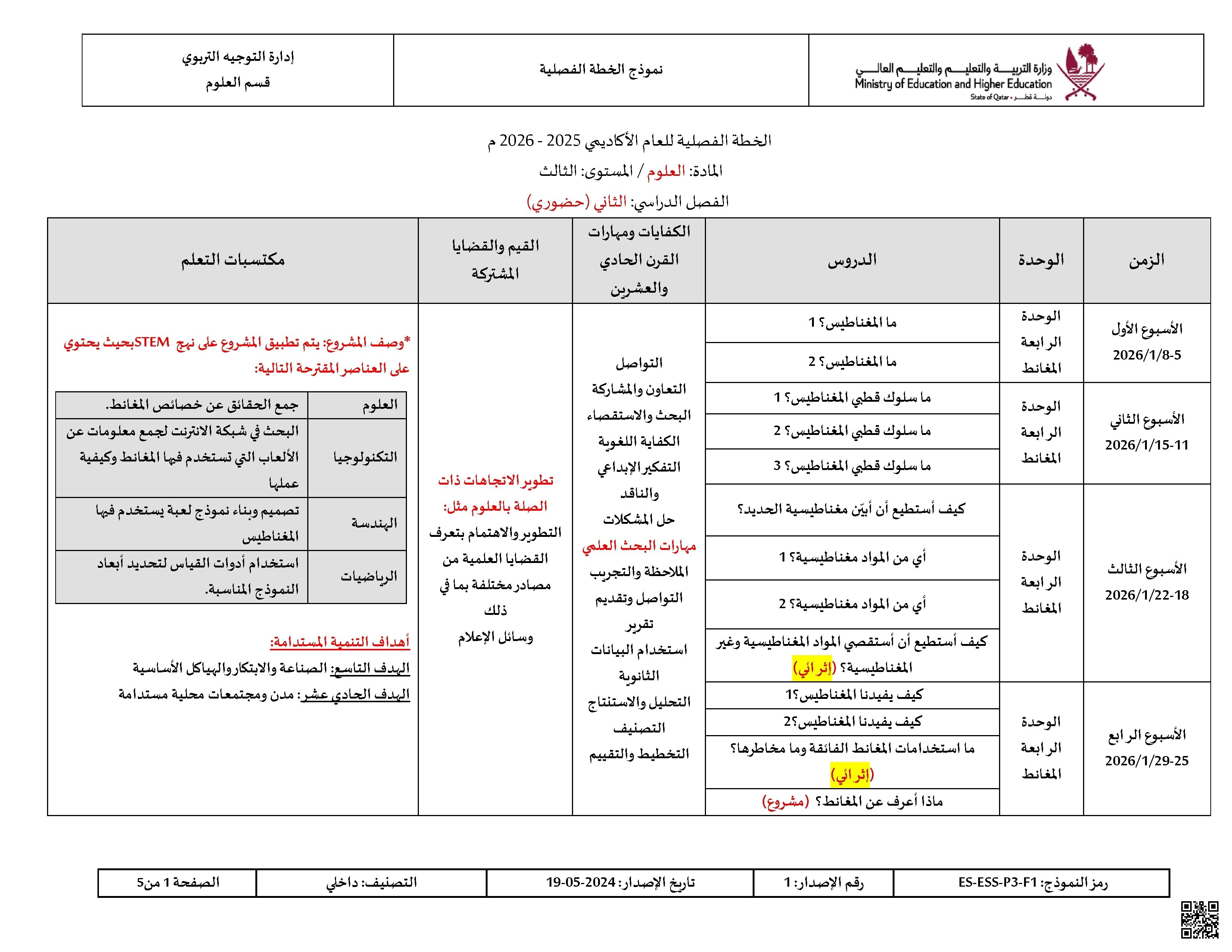 الخطة الفصلية المعدلة للفصل الثاني - علوم - الصف الصف الثالث - الفصل الفصل الثاني