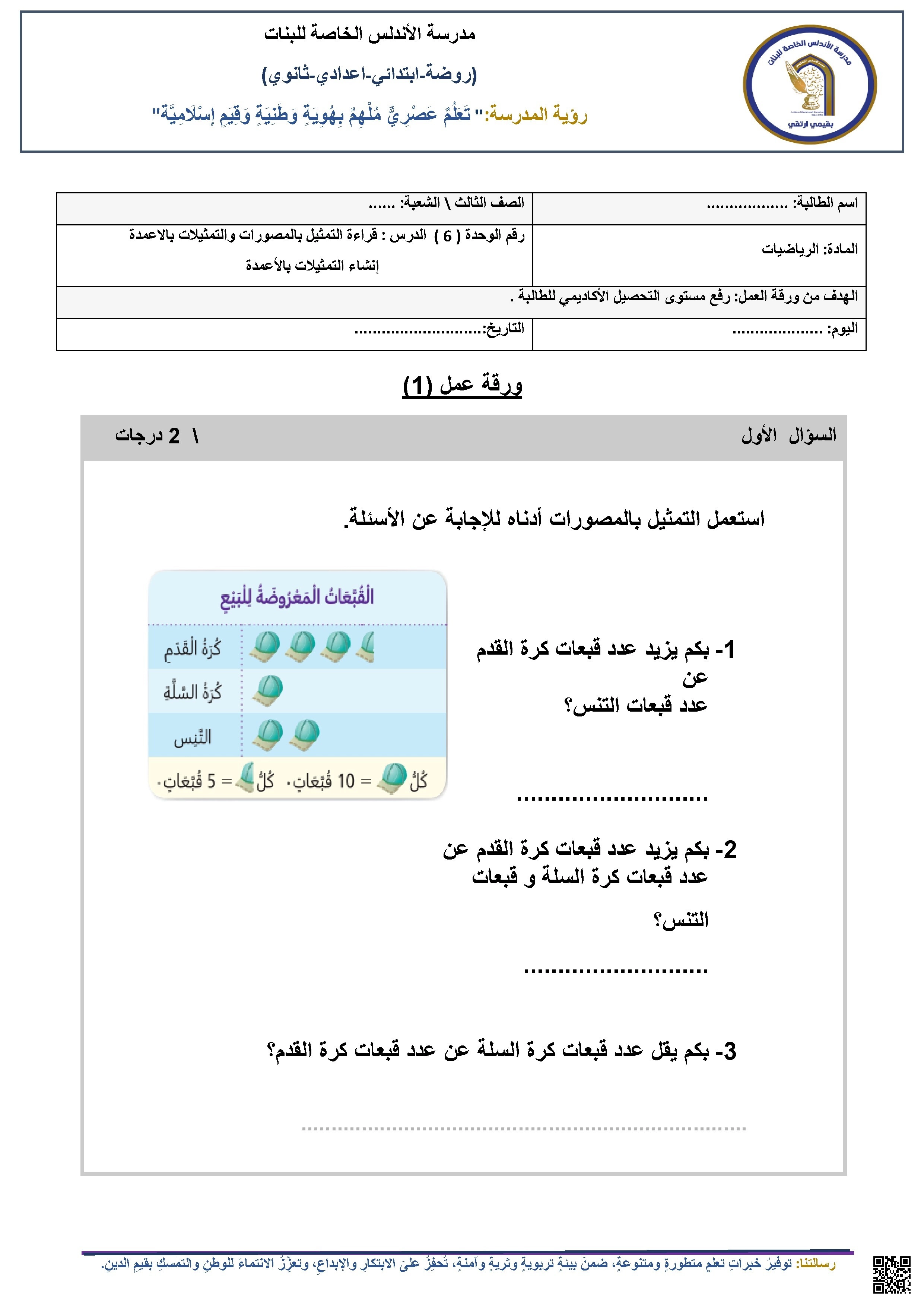 ورقة عمل قراءة التمثيل بالمصورات والتمثيلات بالأعمدة - رياضيات - الصف الصف الثالث - الفصل الفصل الثاني