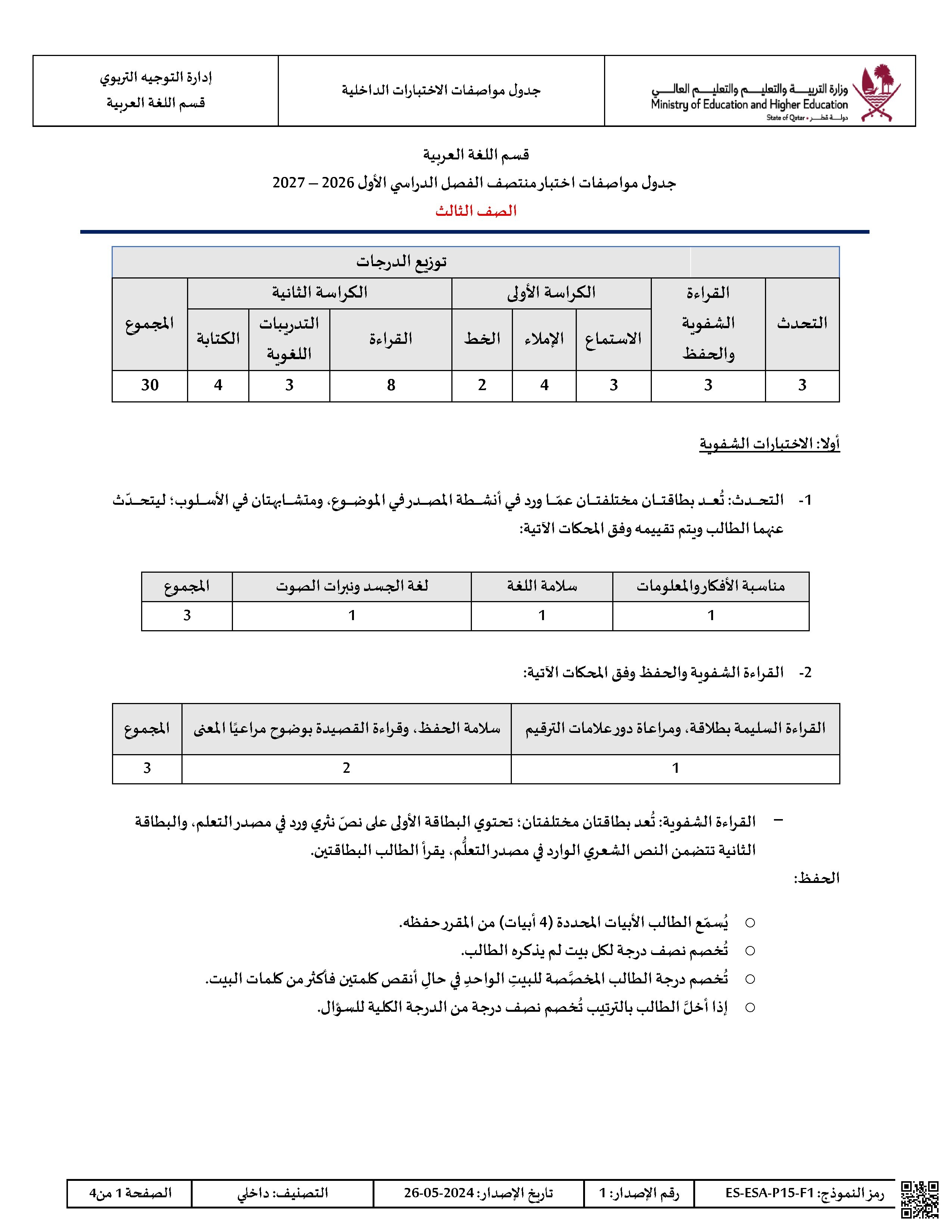 جدول مواصفات اختبارات منتصف الفصل الدراسي