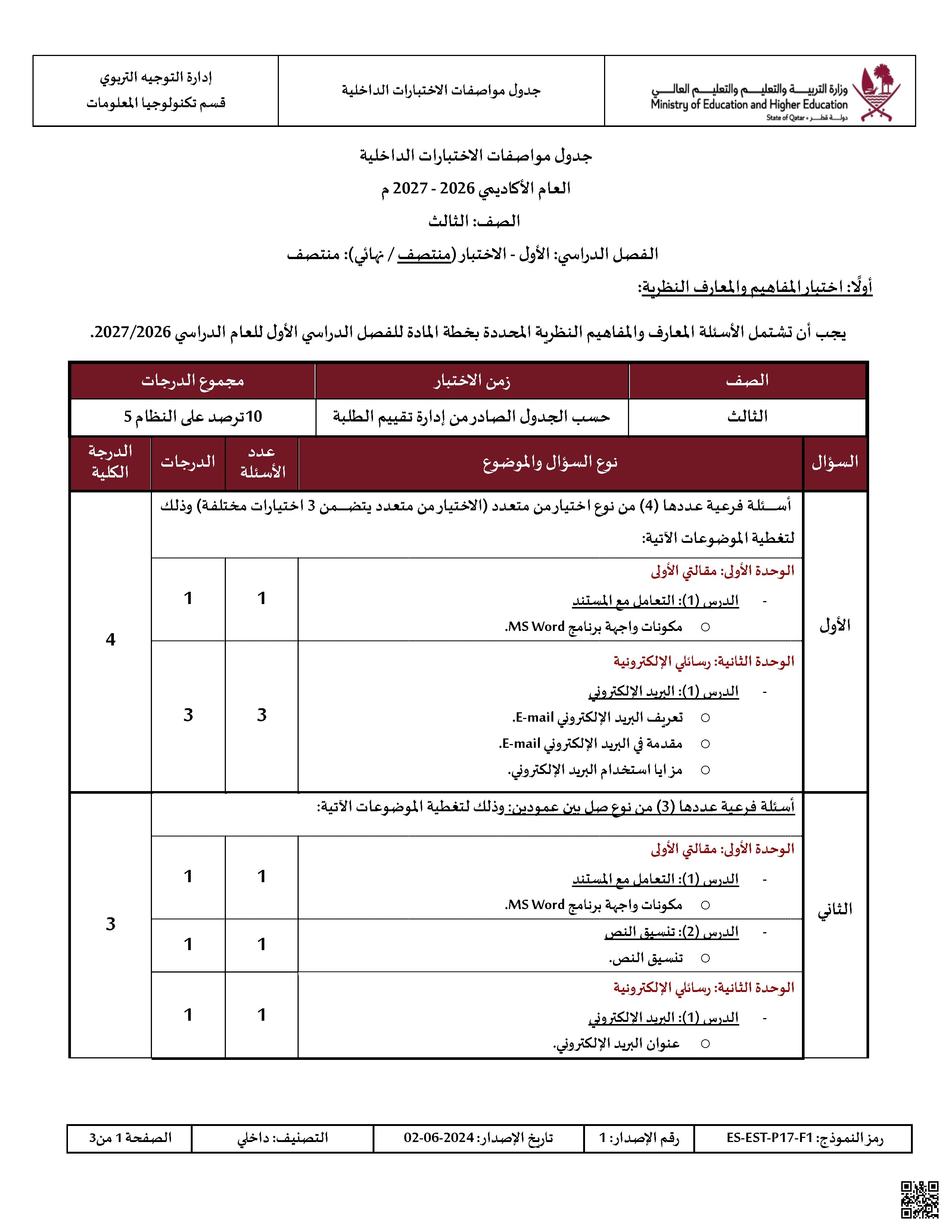 جدول مواصفات الاختبارات الداخلية