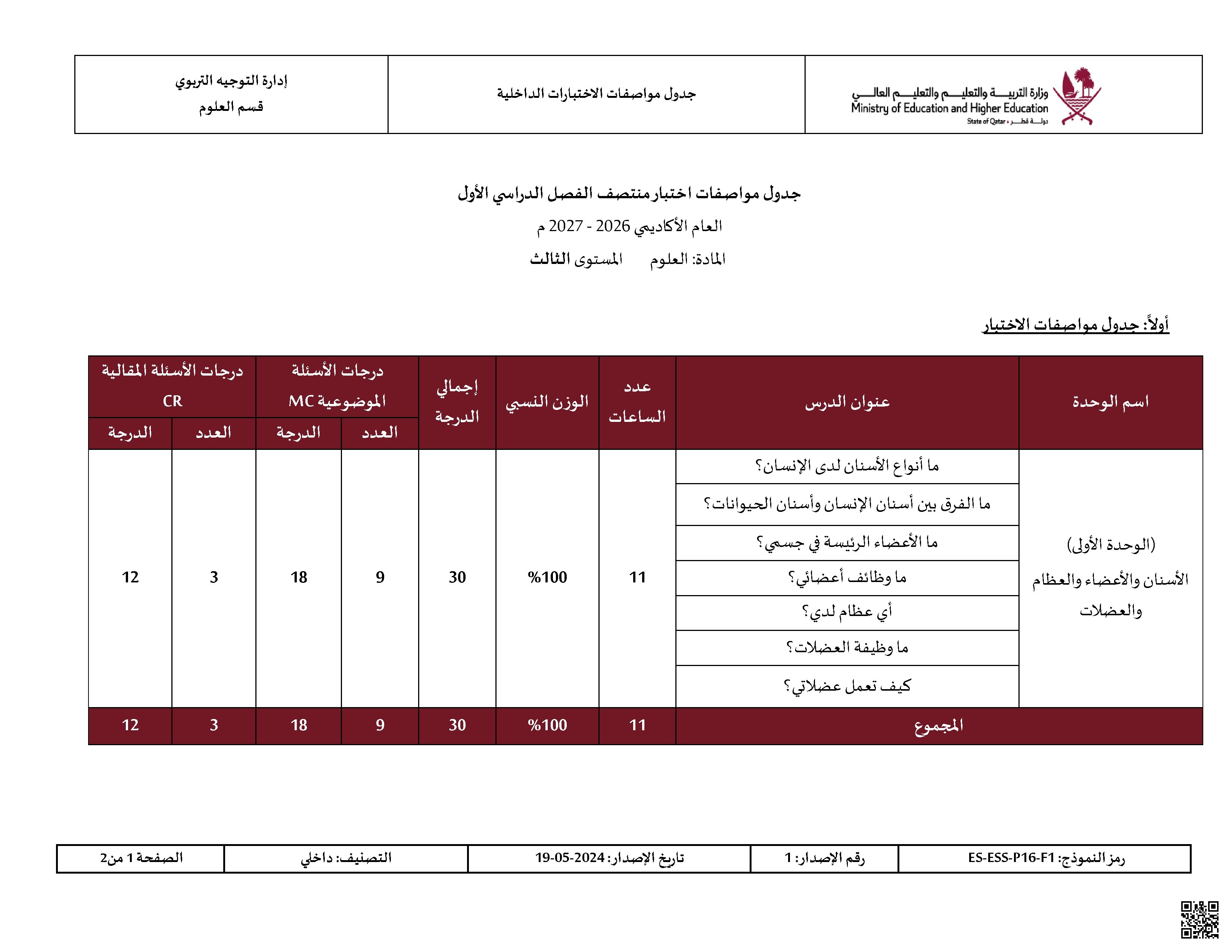 جدول مواصفات اختبار منتصف الفصل الدراسي الأول