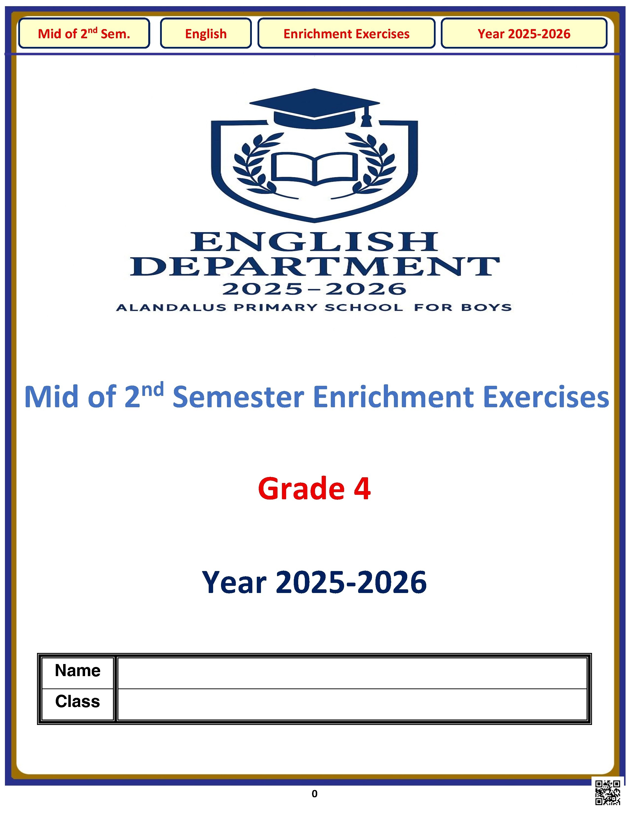 أوراق عمل الأندلس غير مجابة تحضيرية لاختبار منتصف الفصل - لغة انجليزية - الصف الصف الرابع - الفصل الفصل الثاني
