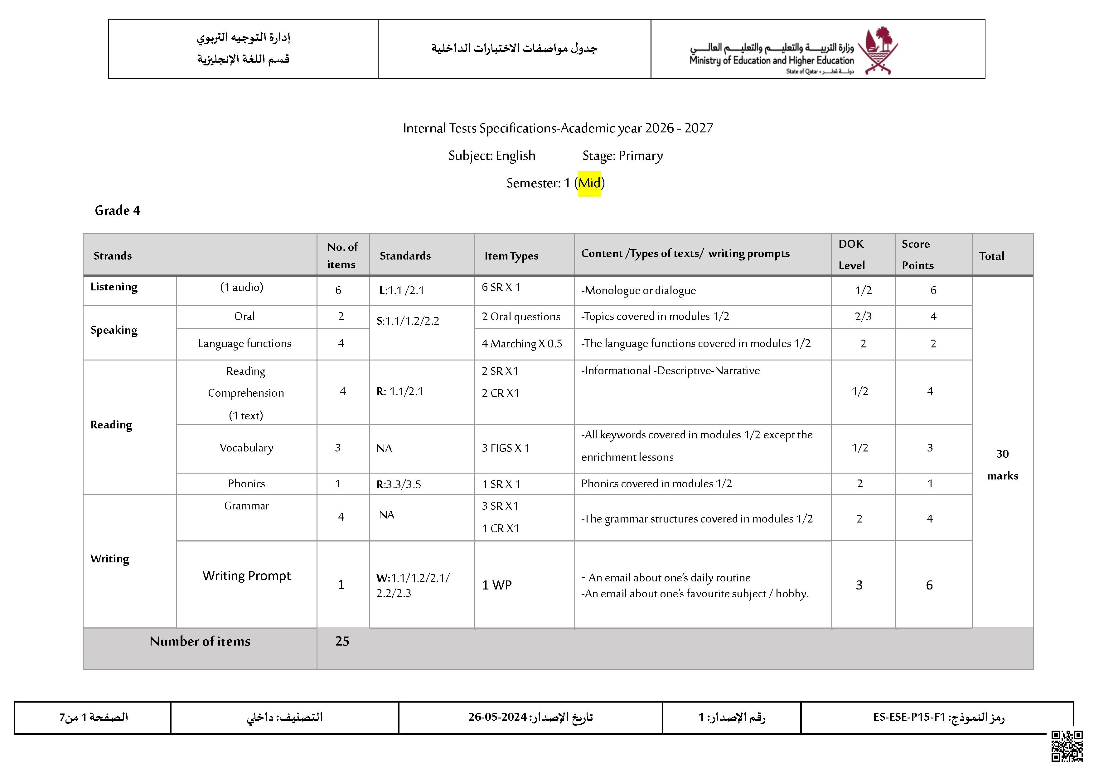 جدول مواصفات الاختبارات الداخلية