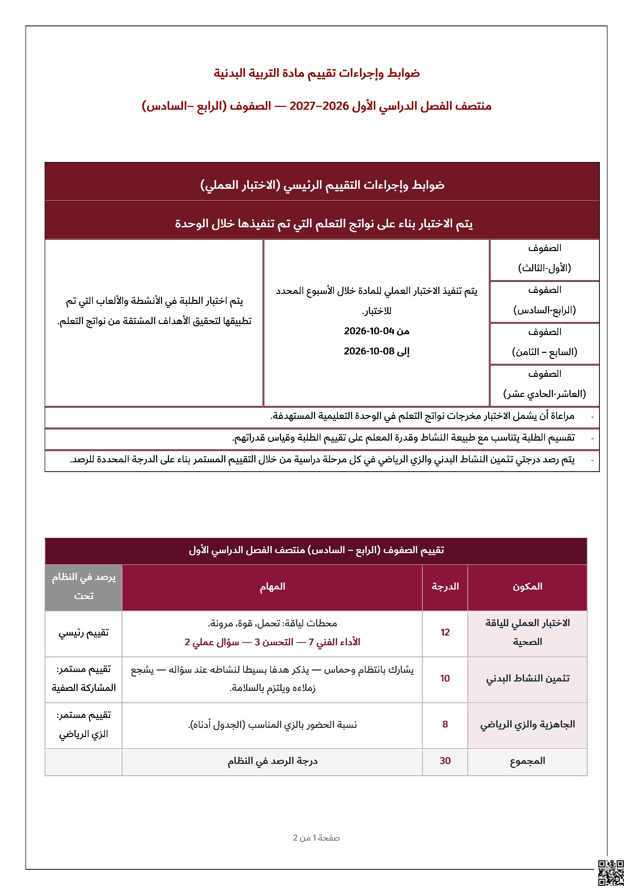 ضوابط وإجراءات تقييم اختبار منتصف الفصل الأول 2027