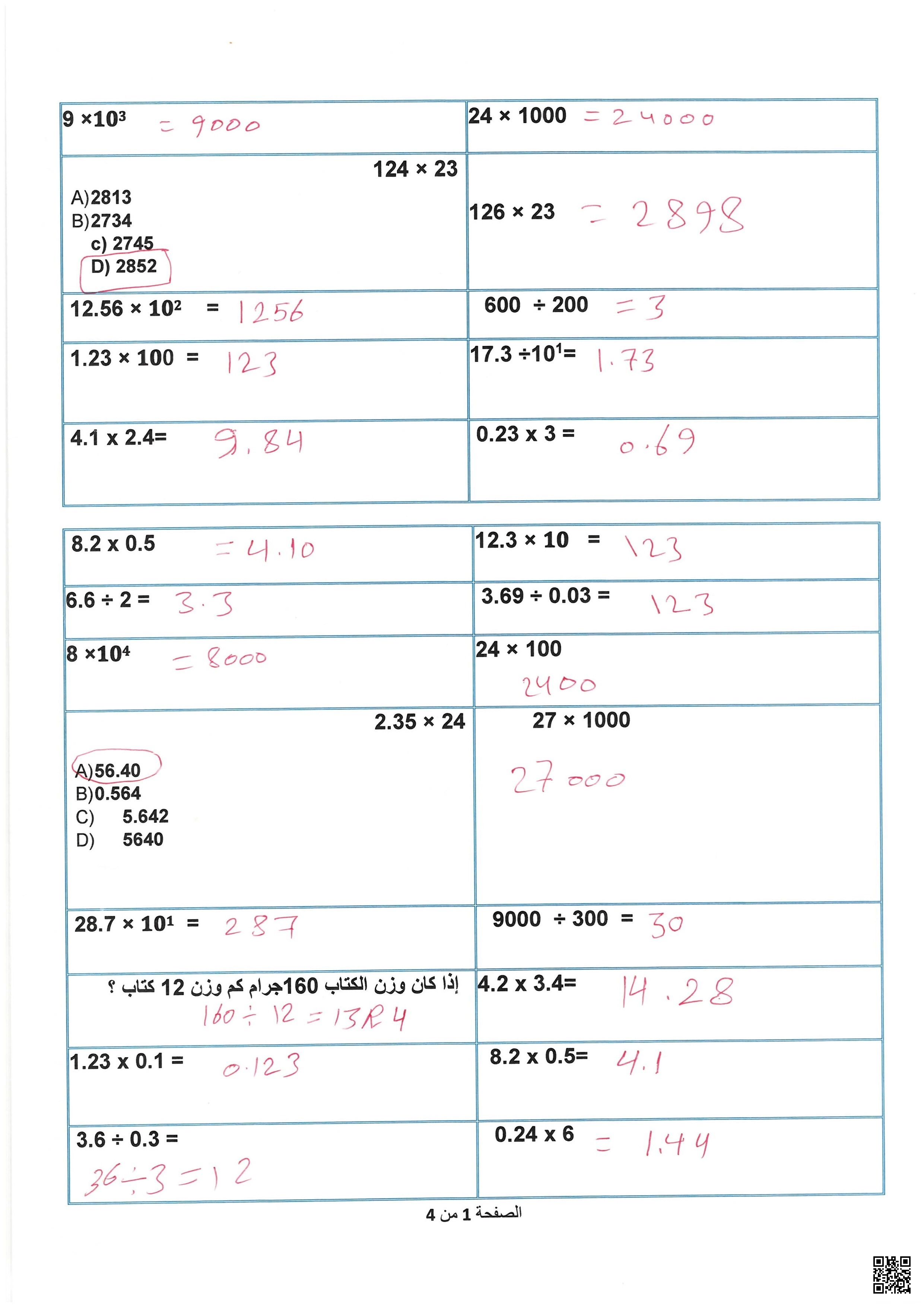 أوراق عمل وتدريبات نهاية الفصل مع الإجابة النموذجية - رياضيات - الصف الصف الخامس - الفصل الفصل الأول