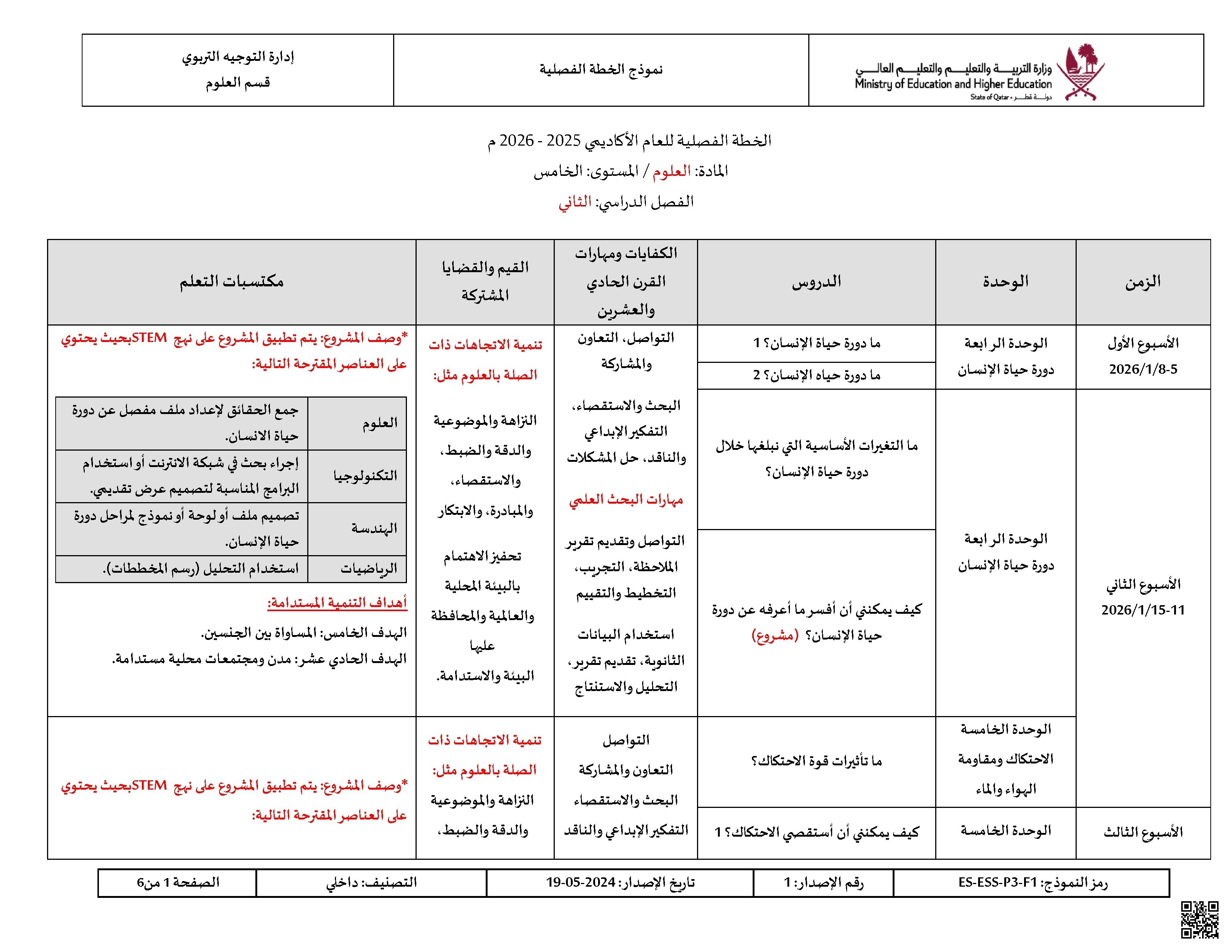 الخطة الفصلية وتوصيف الدروس المقرر تدريسها - علوم - الصف الصف الخامس - الفصل الفصل الثاني