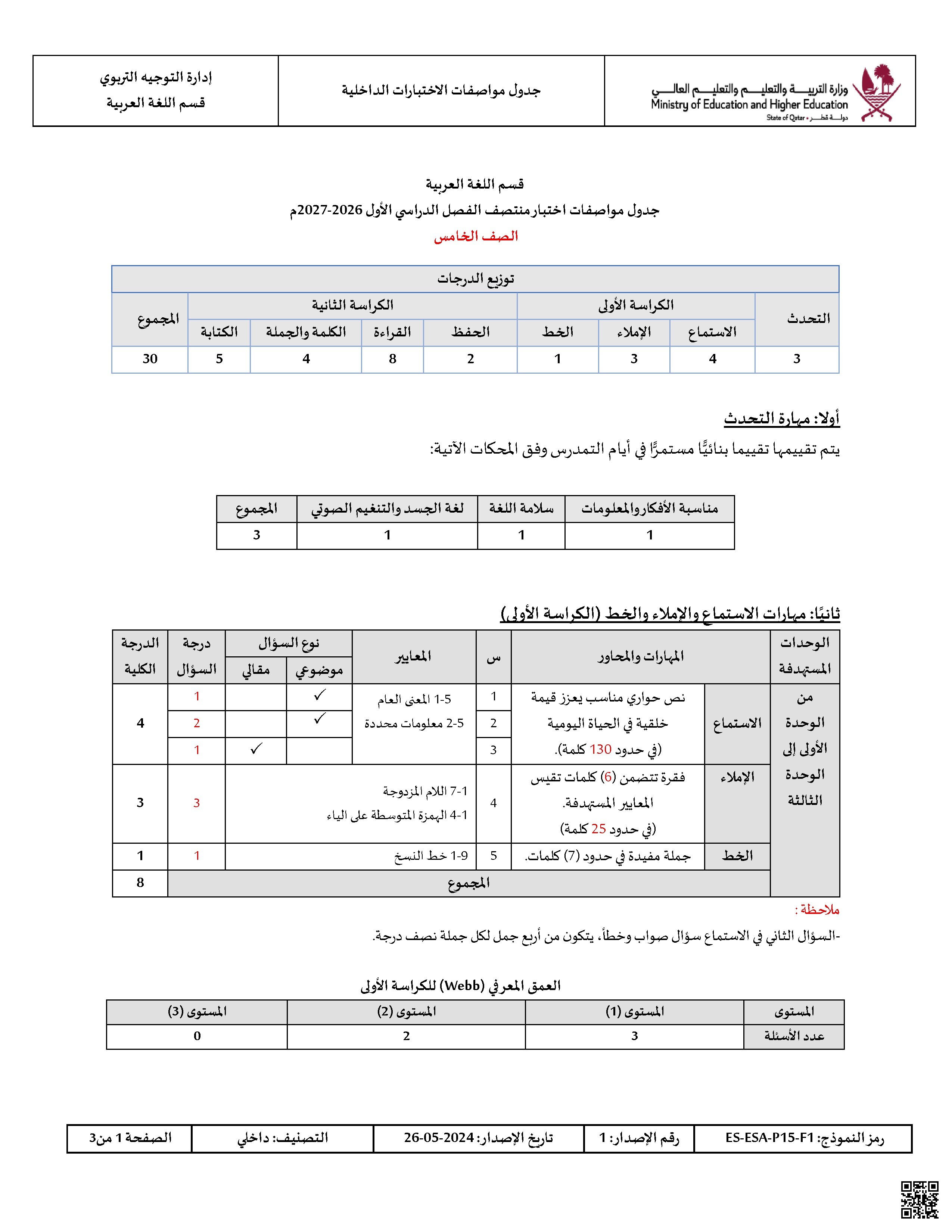 جدول مواصفات اختبار منتصف الفصل الدراسي الأول 2026-2027م
