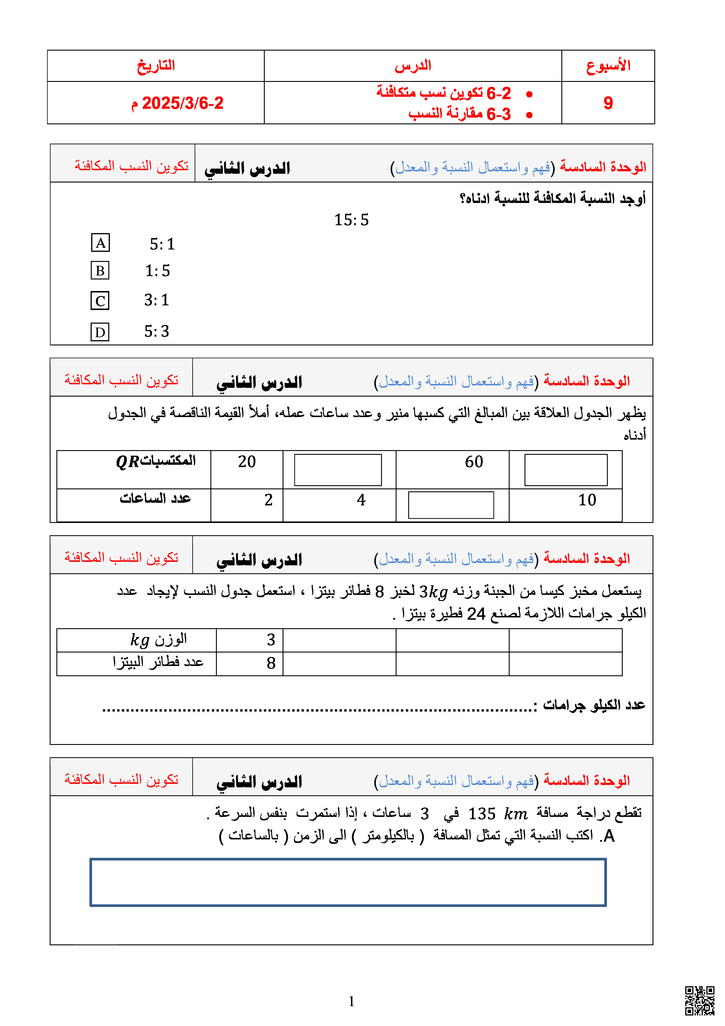 أوراق عمل نهاية الفصل في النسب والمعدلات والنسب المئوية والمساحة والحجم - رياضيات - الصف المستوى السادس - الفصل الفصل الثاني