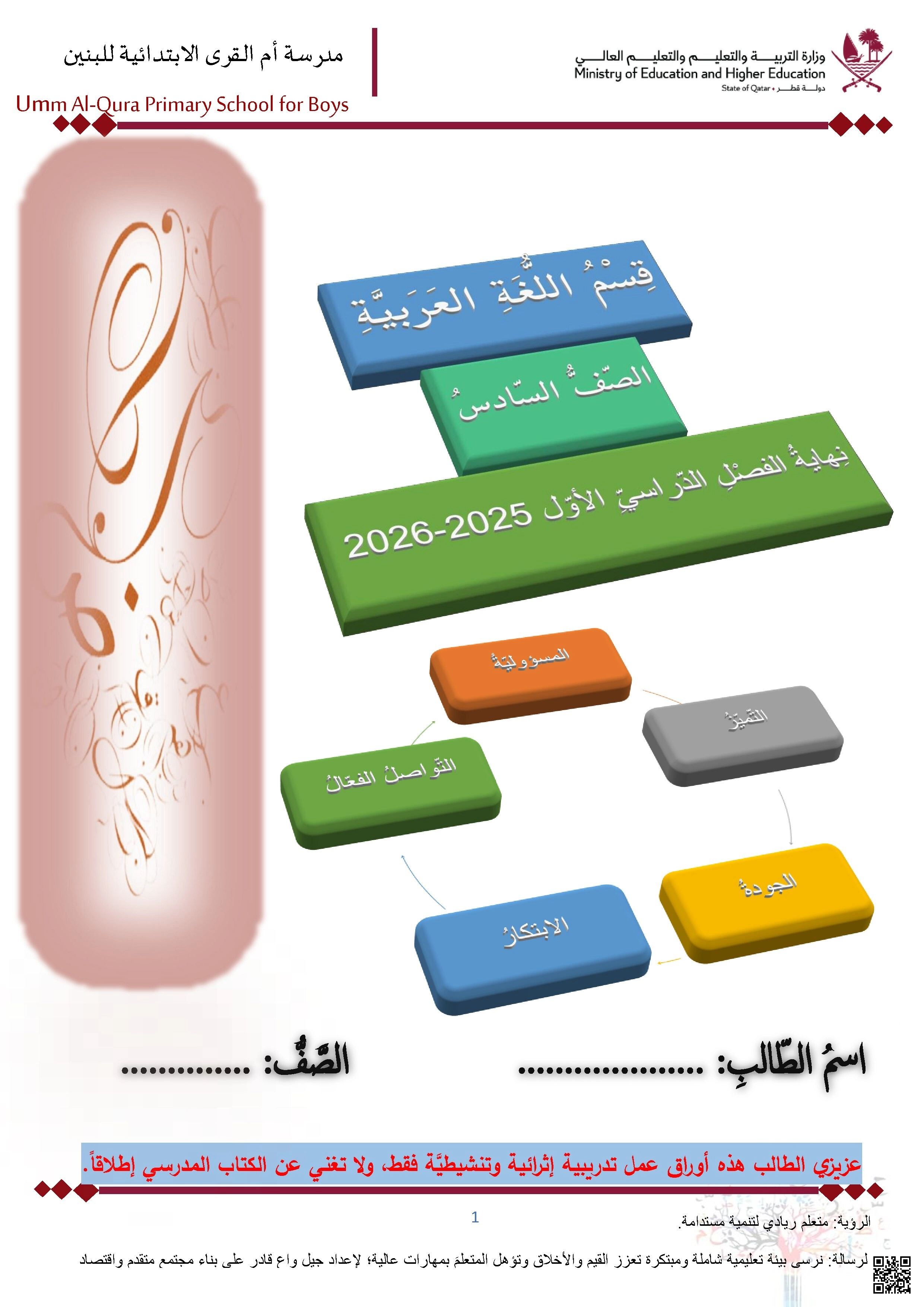 أوراق عمل مدرسة أم القرى نهاية الفصل غير مجابة - لغة عربية - الصف الصف السادس - الفصل الفصل الأول