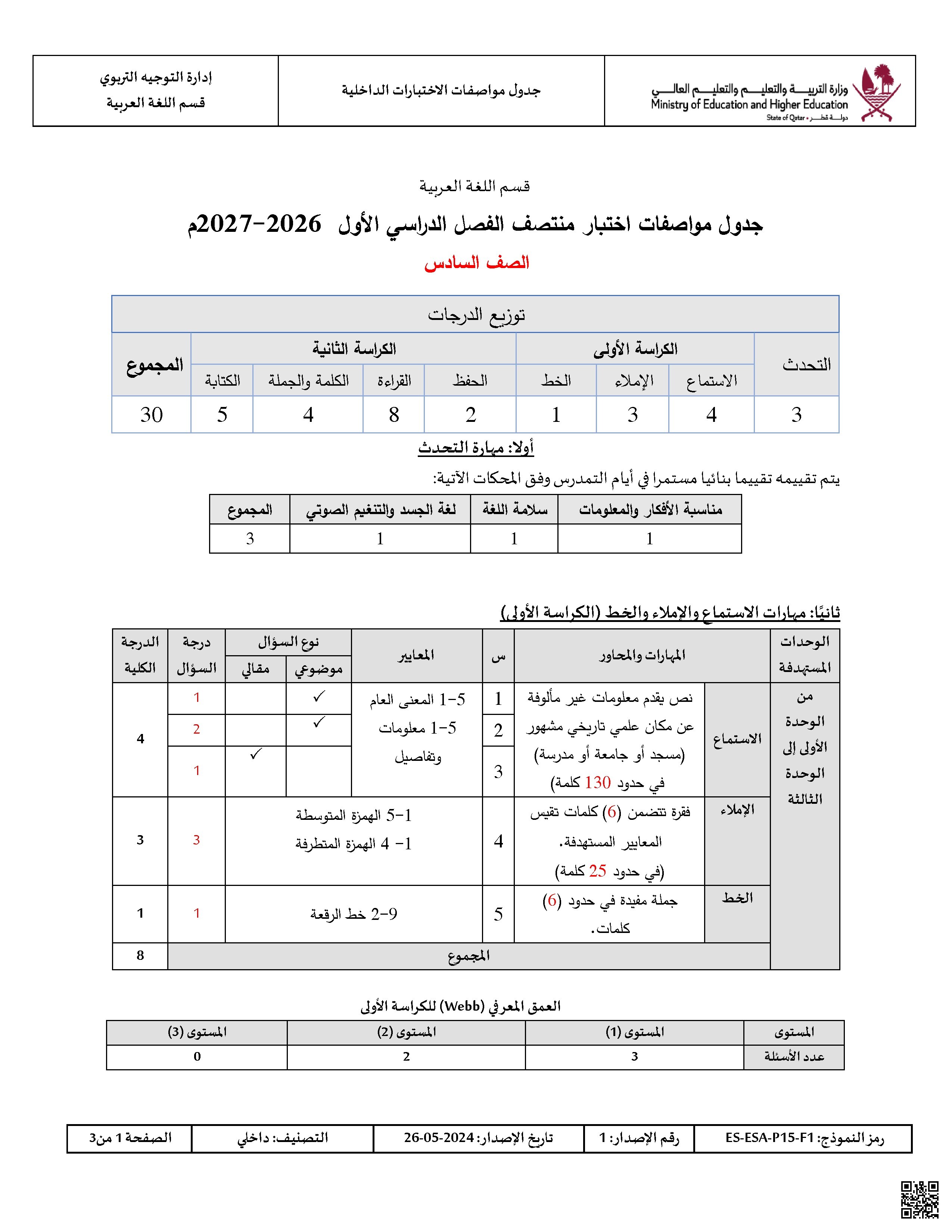 جدول مواصفات اختبار منتصف الفصل الدراسي الأول 2026-2027